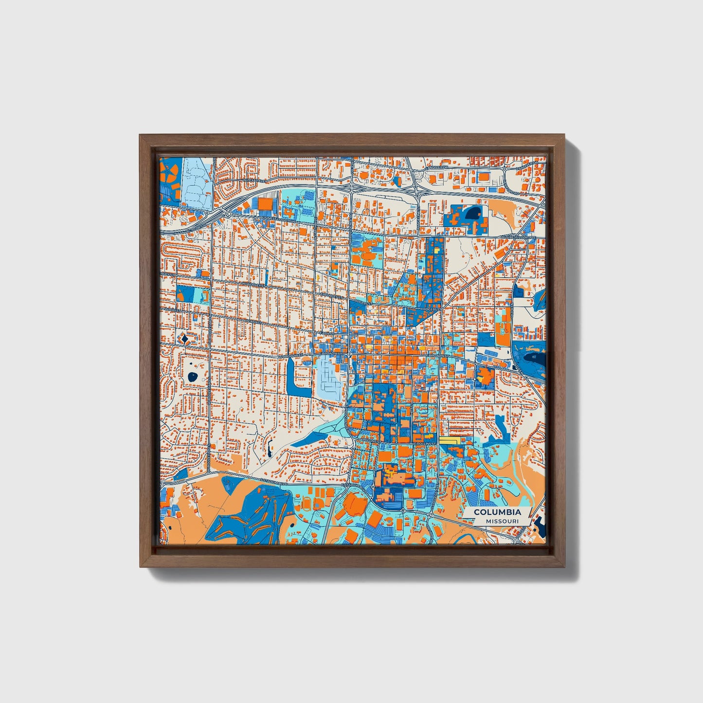 Columbia Missouri Colorful City Map Canvas Print • Dark Wooden Framed