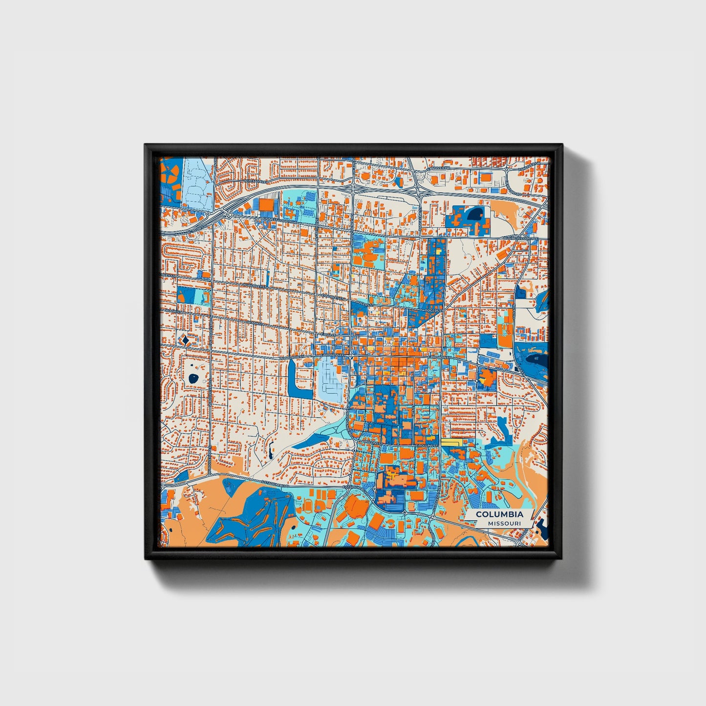 Columbia Missouri Colorful City Map Canvas Print • Black Framed