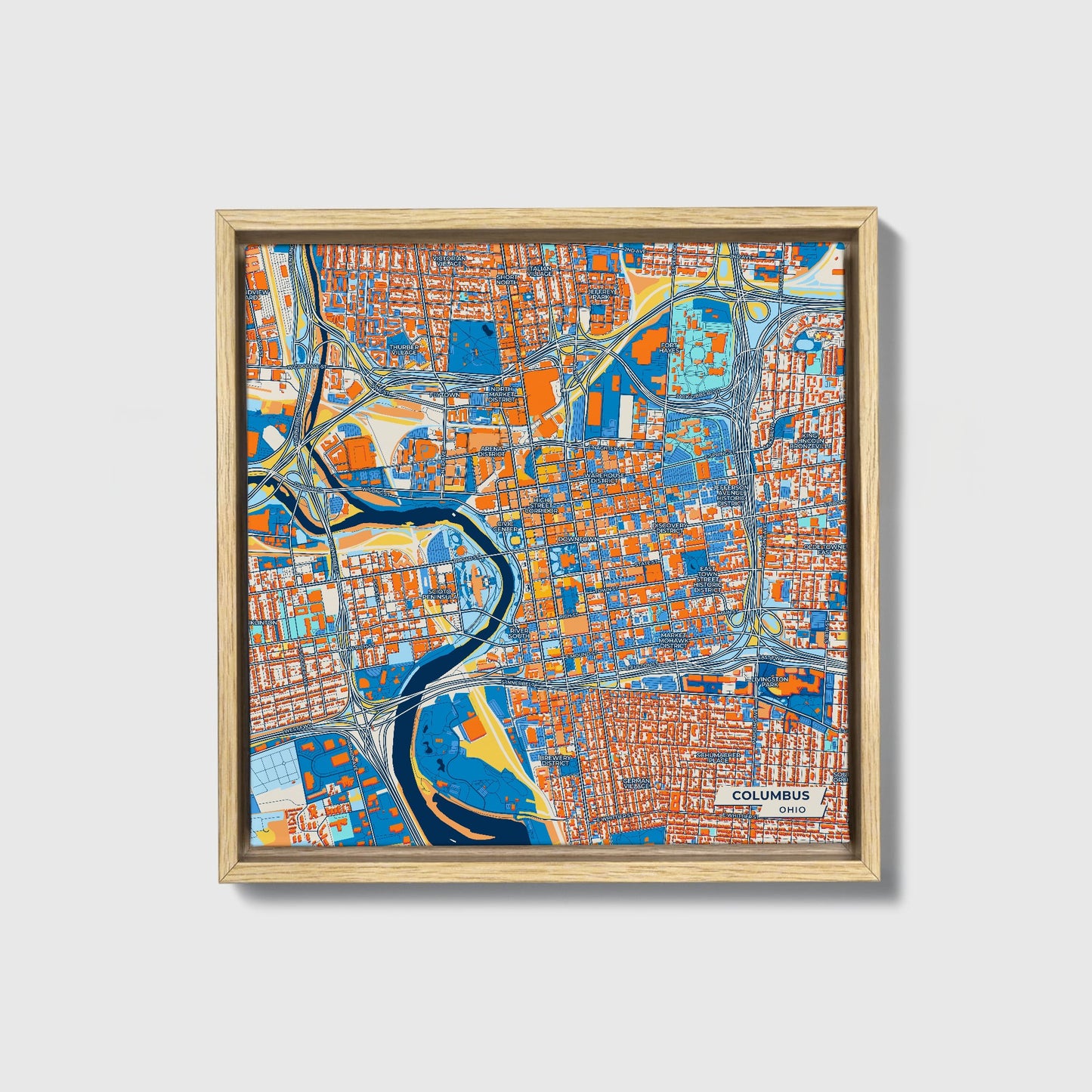Columbus Ohio Colorful City Map Canvas Print • Natural Wooden Framed