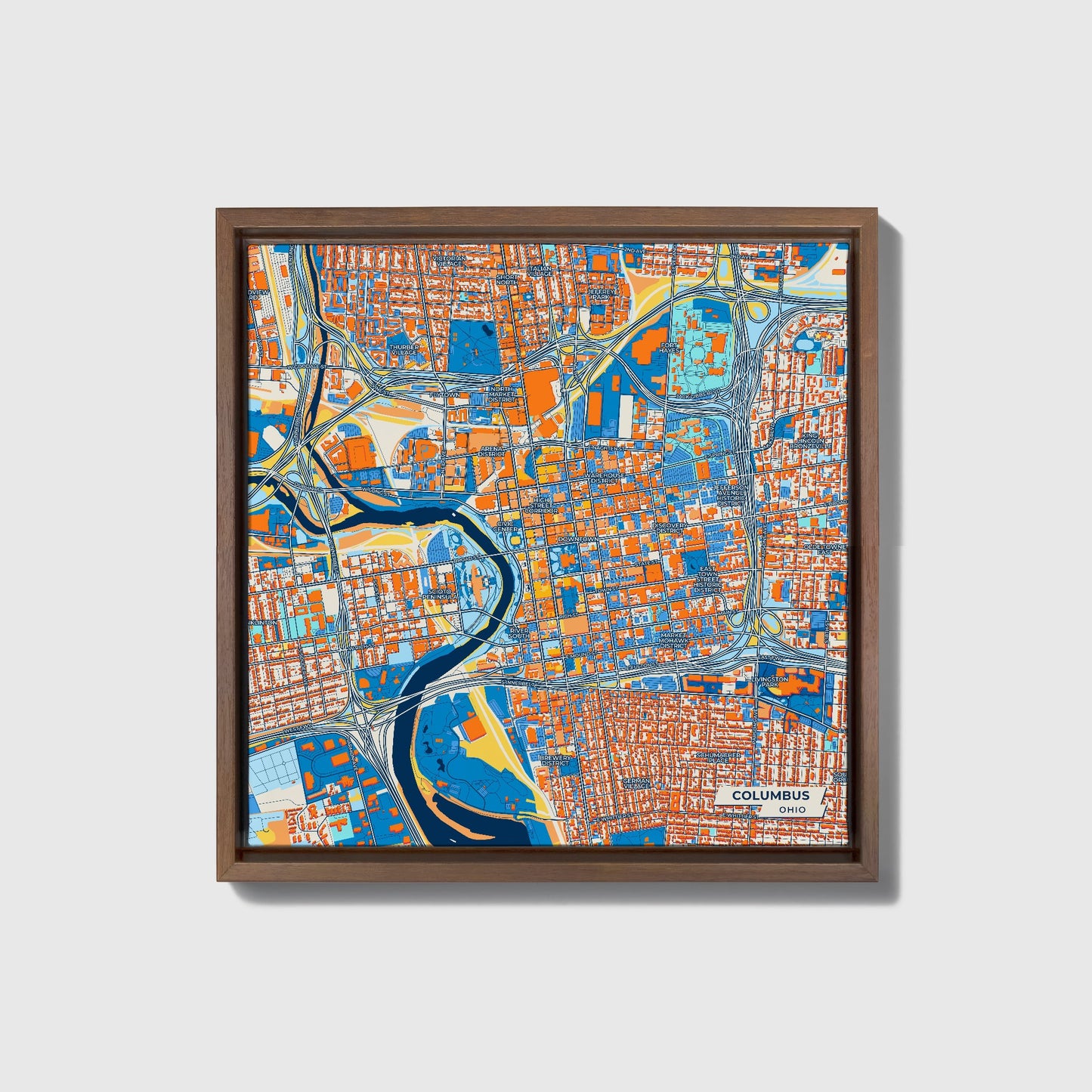 Columbus Ohio Colorful City Map Canvas Print • Dark Wooden Framed