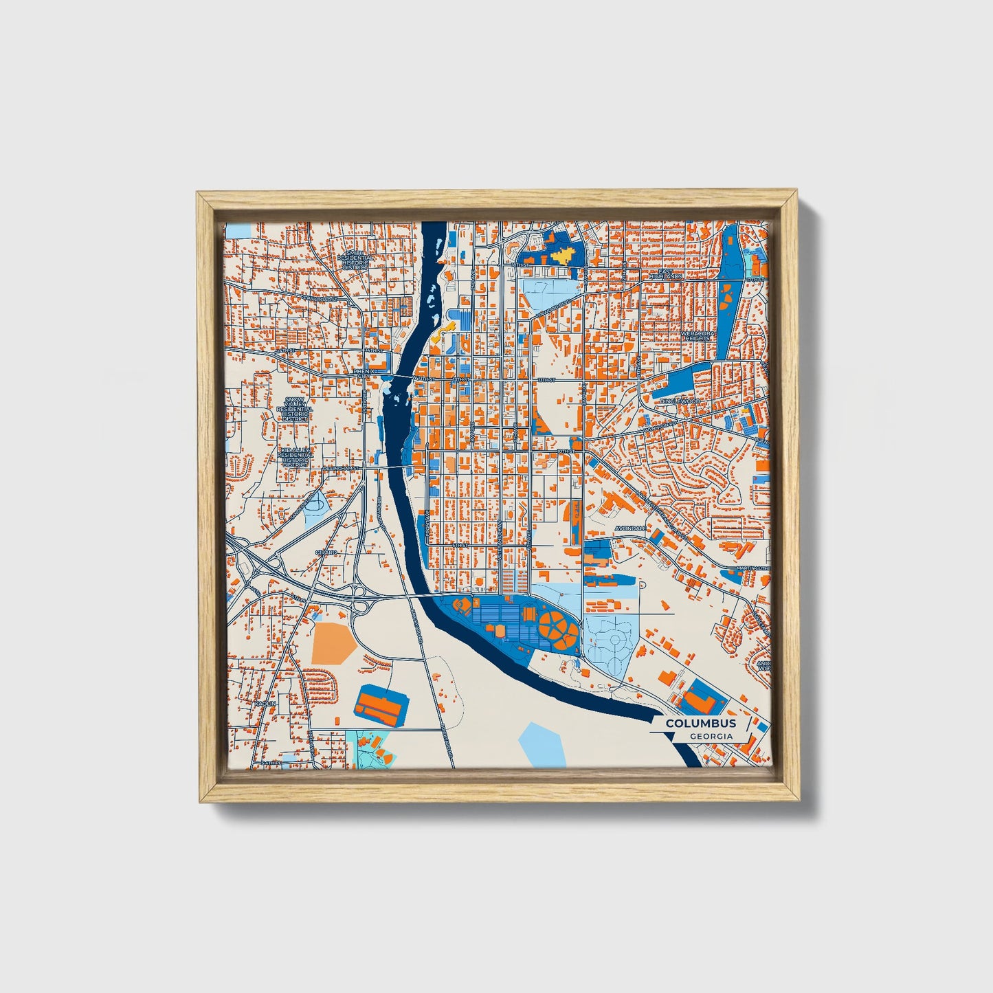 Columbus Georgia Colorful City Map Canvas Print • Natural Wooden Framed