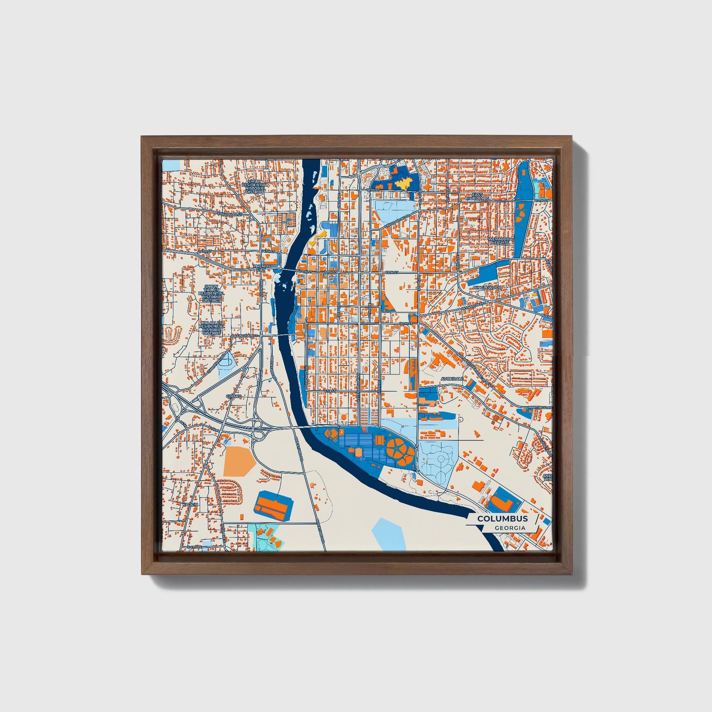 Columbus Georgia Colorful City Map Canvas Print • Dark Wooden Framed
