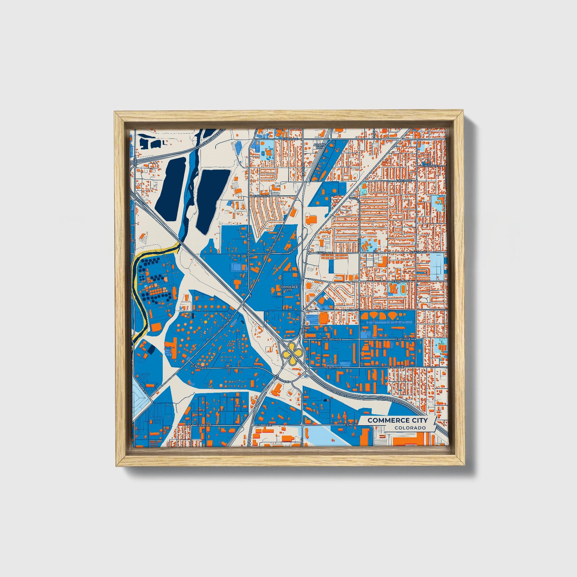 Commerce City Colorado Colorful City Map Canvas Print • Natural Wooden Framed