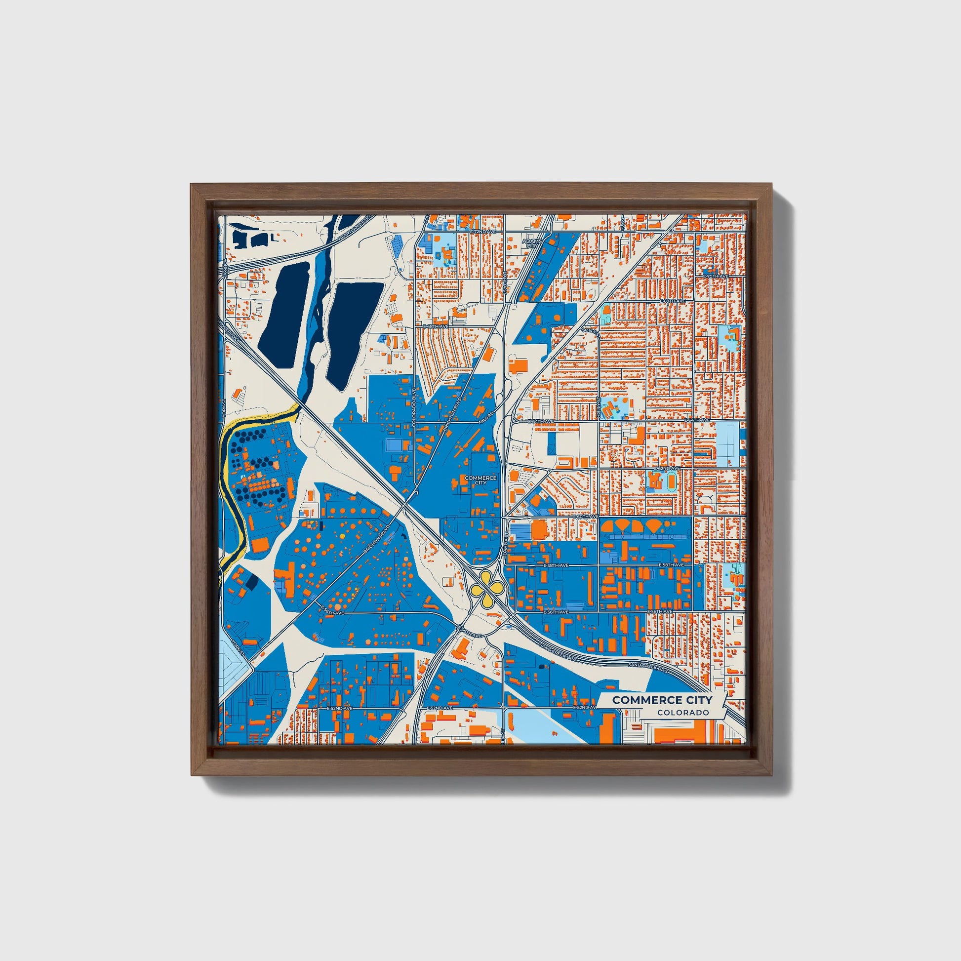 Commerce City Colorado Colorful City Map Canvas Print • Dark Wooden Framed