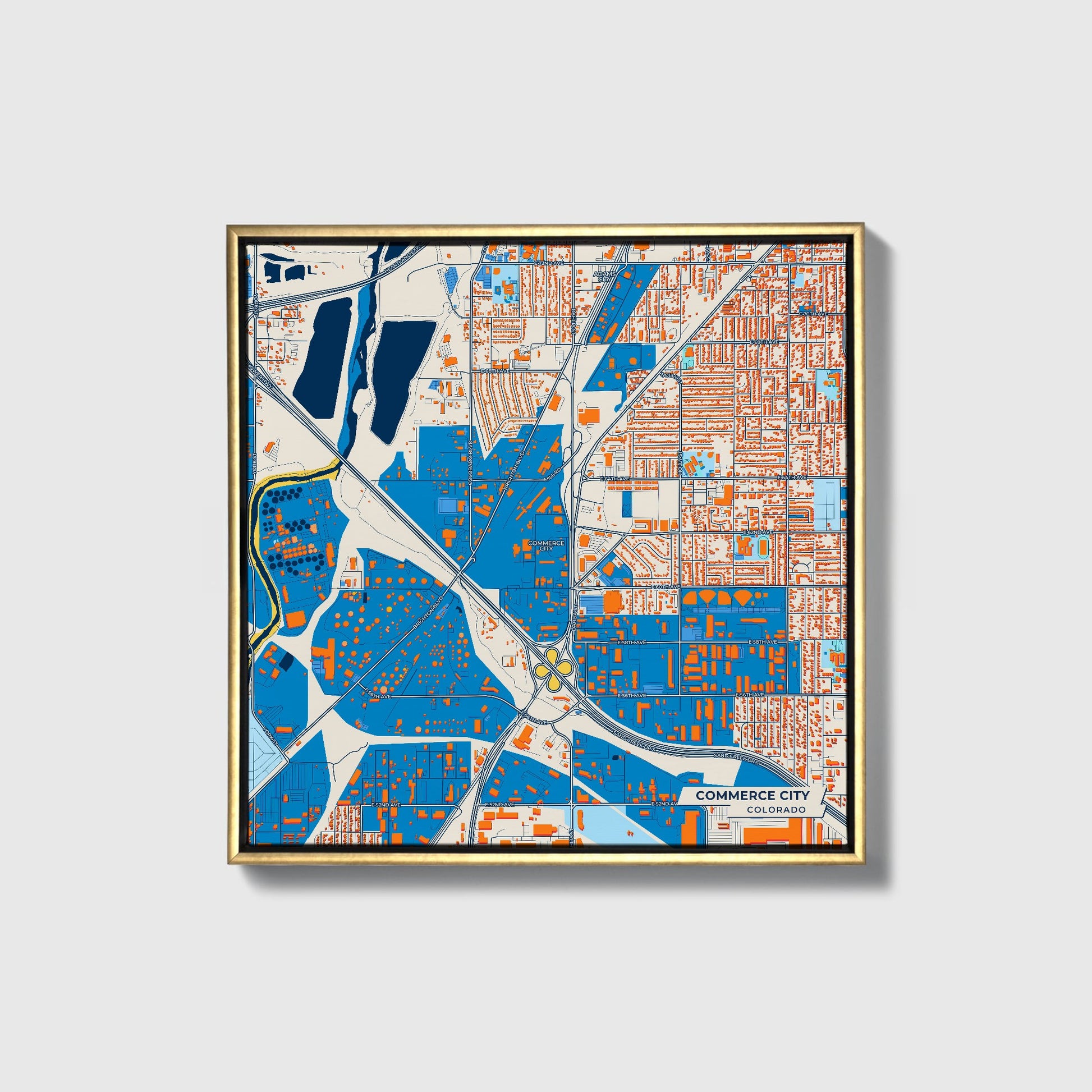 Commerce City Colorado Colorful City Map Canvas Print • Gold Framed
