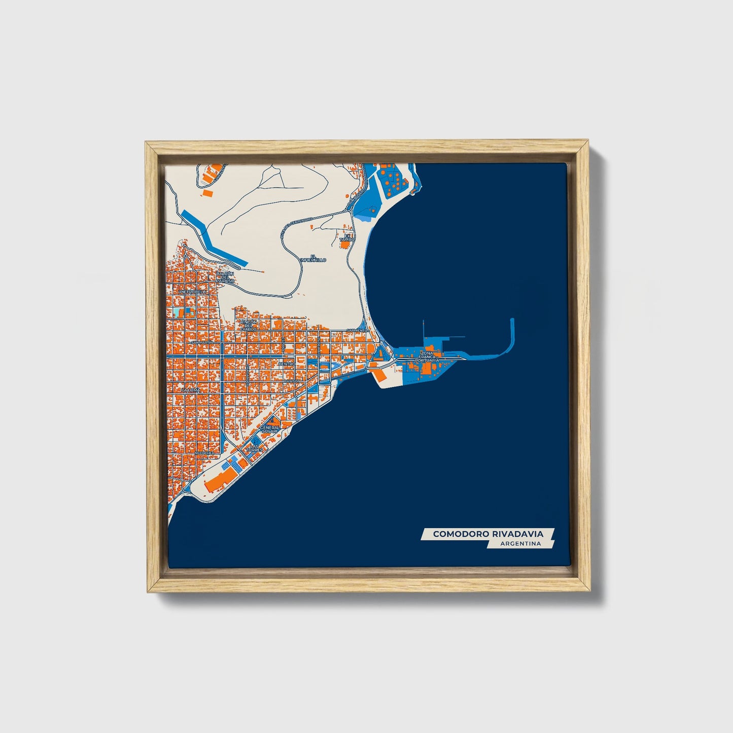 Comodoro Rivadavia Argentina Colorful City Map Canvas Print • Natural Wooden Framed