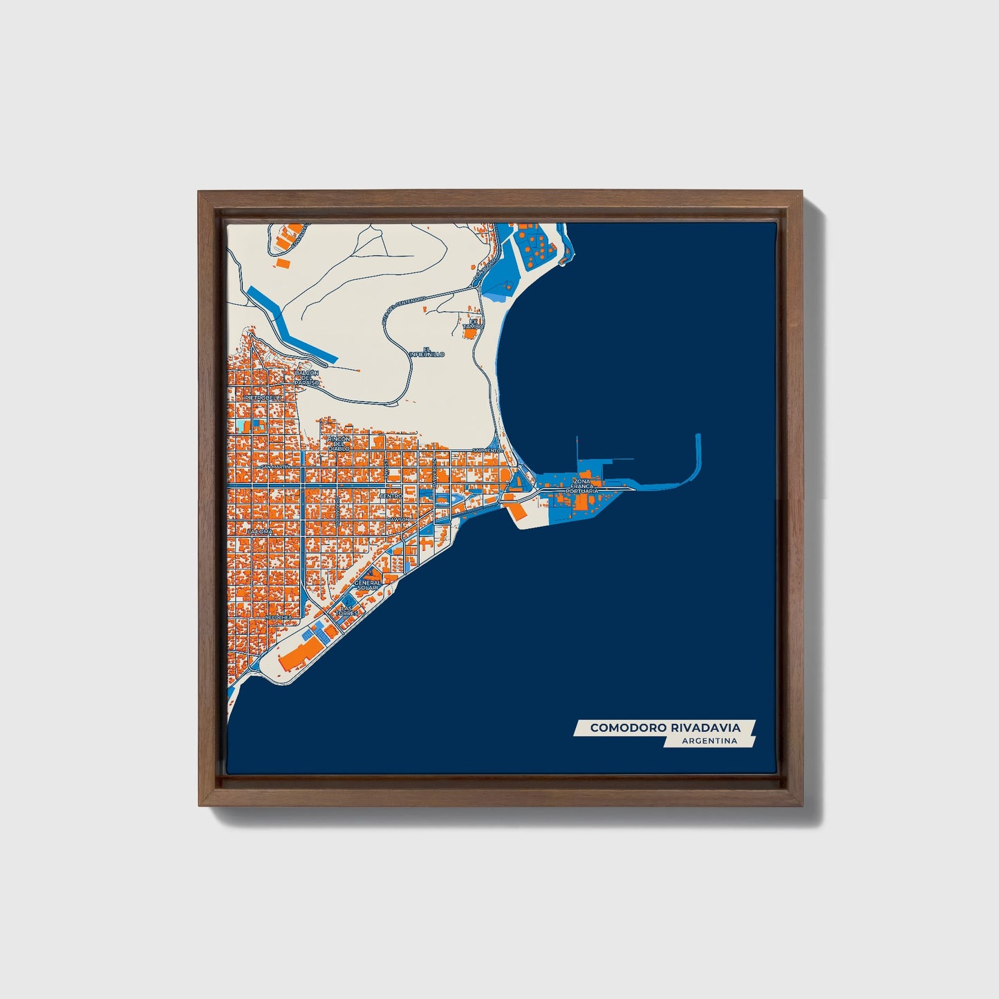 Comodoro Rivadavia Argentina Colorful City Map Canvas Print • Dark Wooden Framed