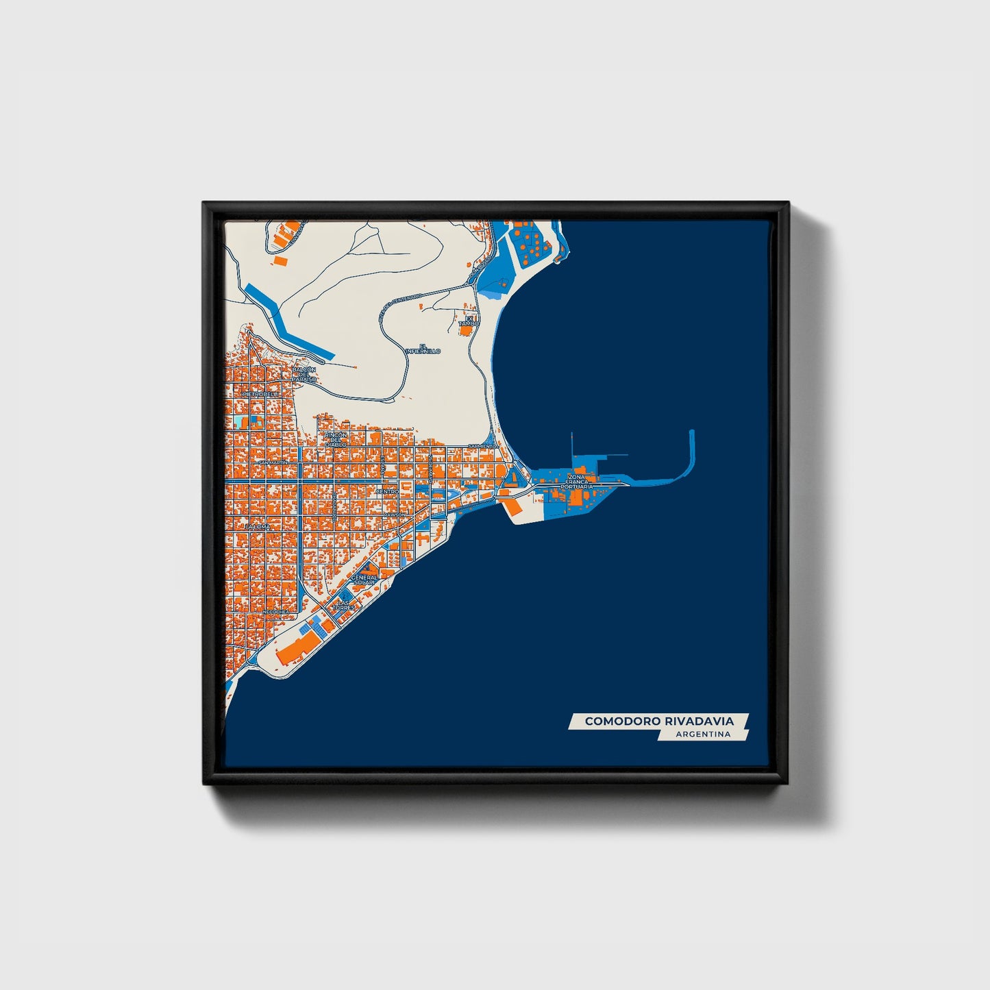 Comodoro Rivadavia Argentina Colorful City Map Canvas Print • Black Framed