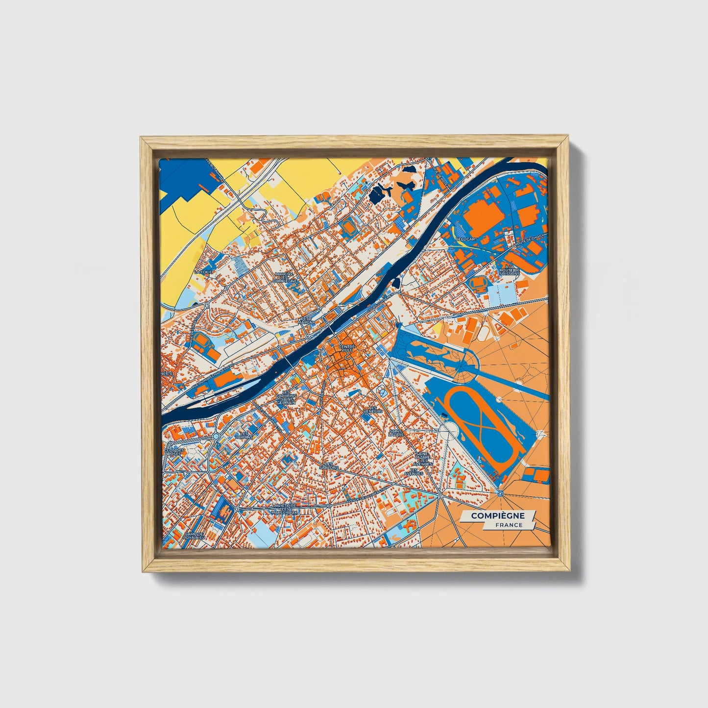 Compiègne France Colorful City Map Canvas Print • Natural Wooden Framed
