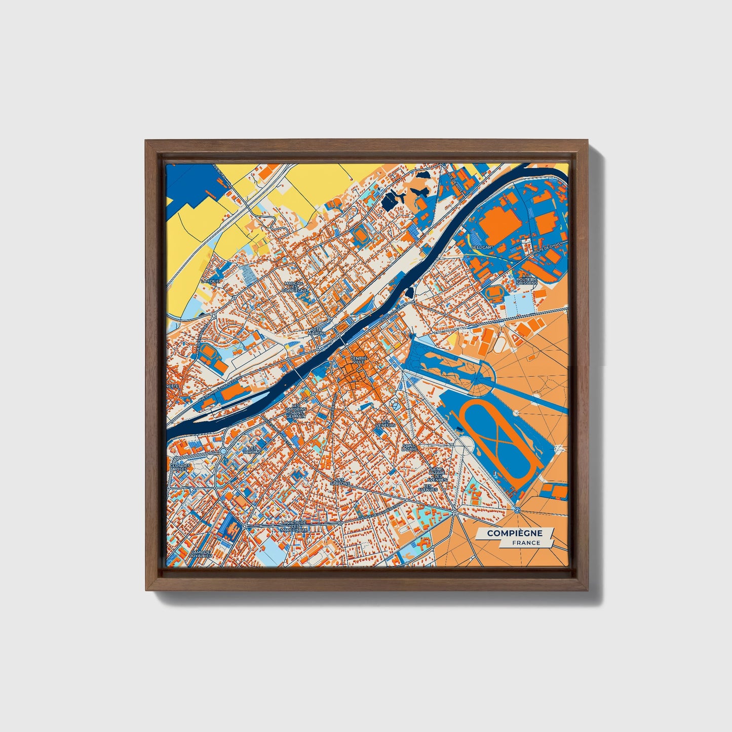 Compiègne France Colorful City Map Canvas Print • Dark Wooden Framed