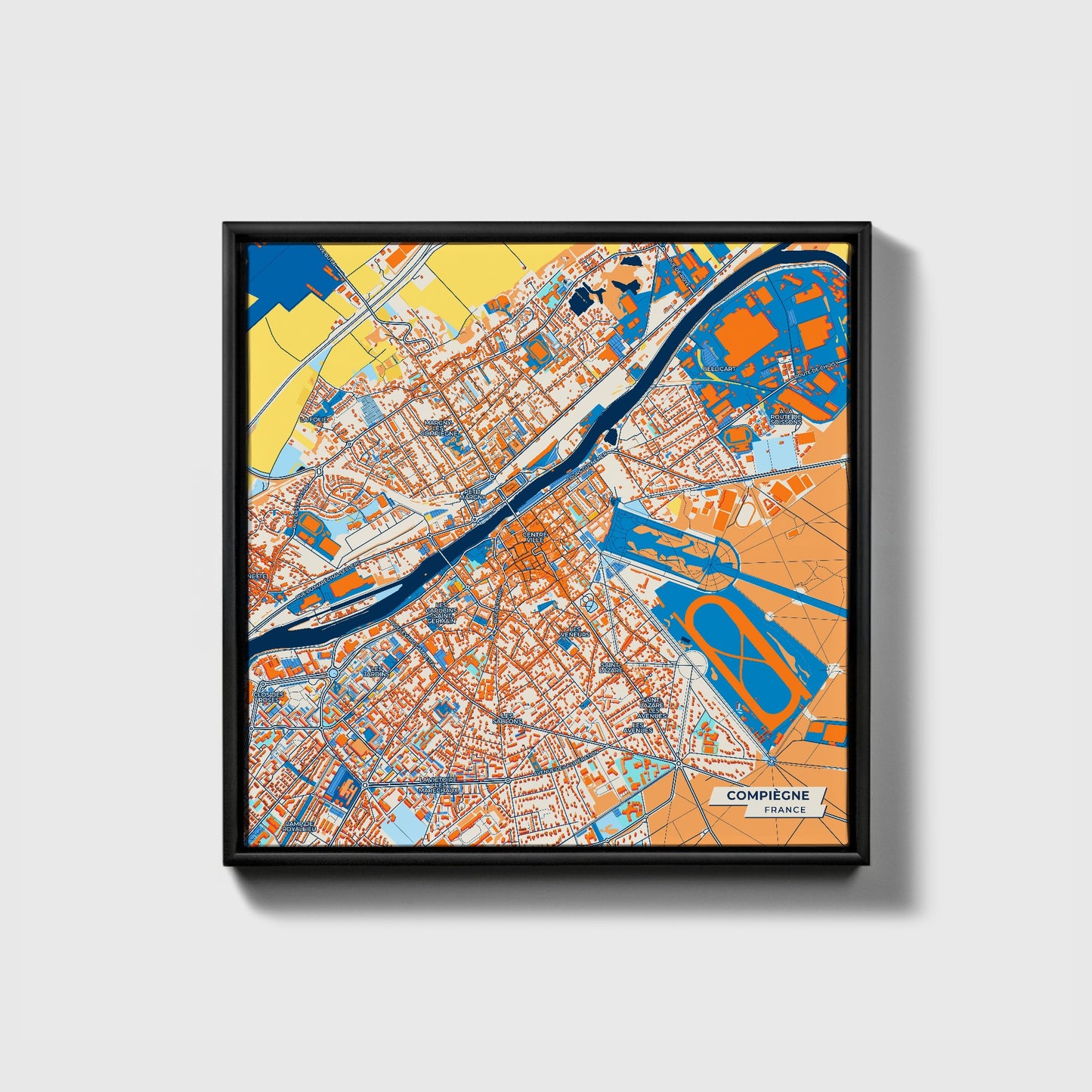 Compiègne France Colorful City Map Canvas Print • Black Framed