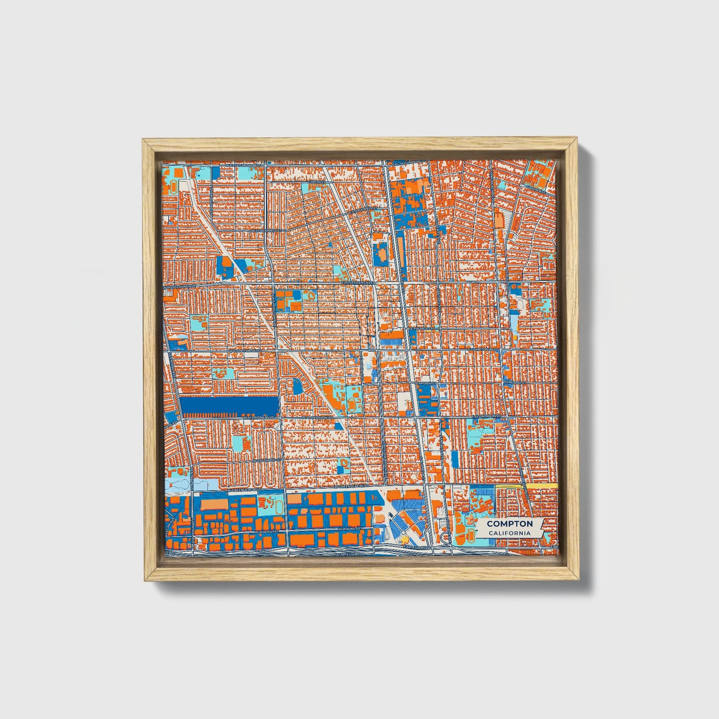 Compton California Colorful City Map Canvas Print • Natural Wooden Framed