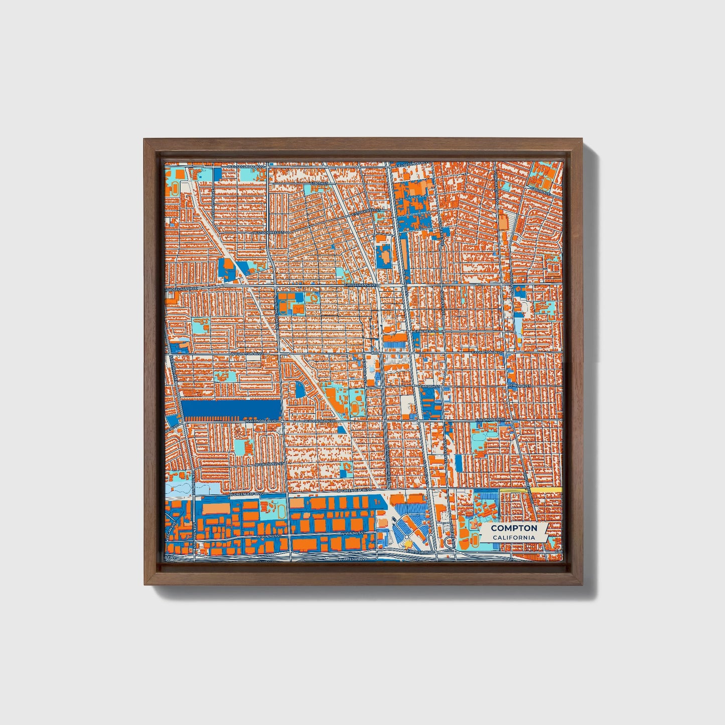 Compton California Colorful City Map Canvas Print • Dark Wooden Framed