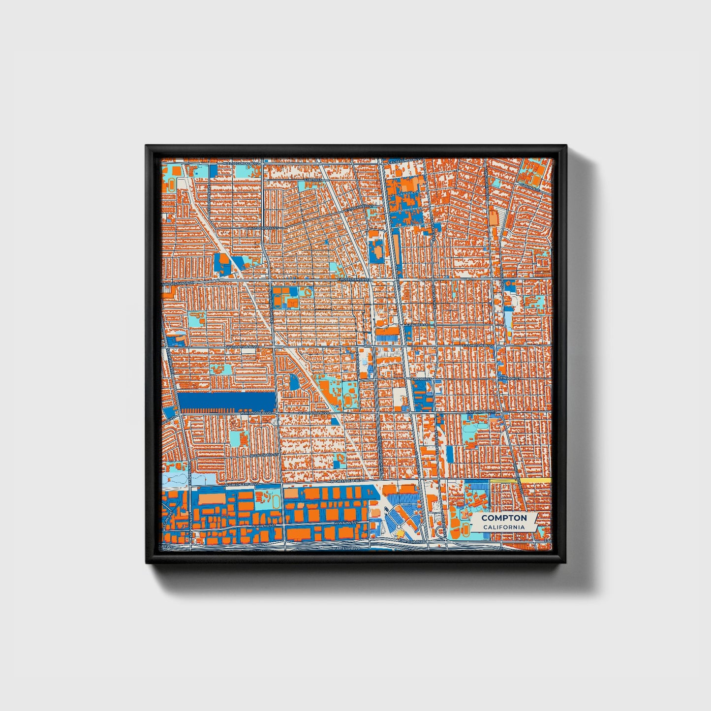 Compton California Colorful City Map Canvas Print • Black Framed