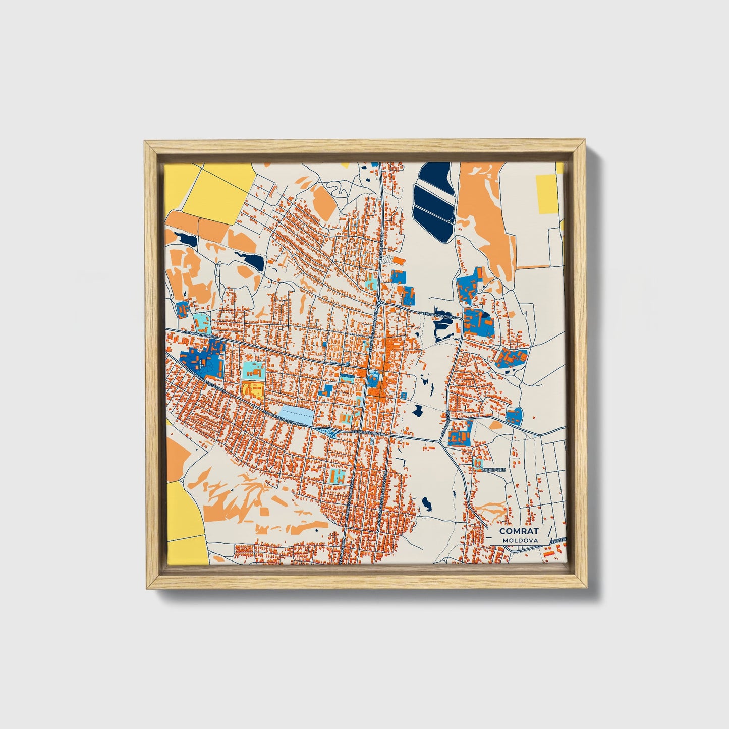 Comrat Moldova Colorful City Map Canvas Print • Natural Wooden Framed