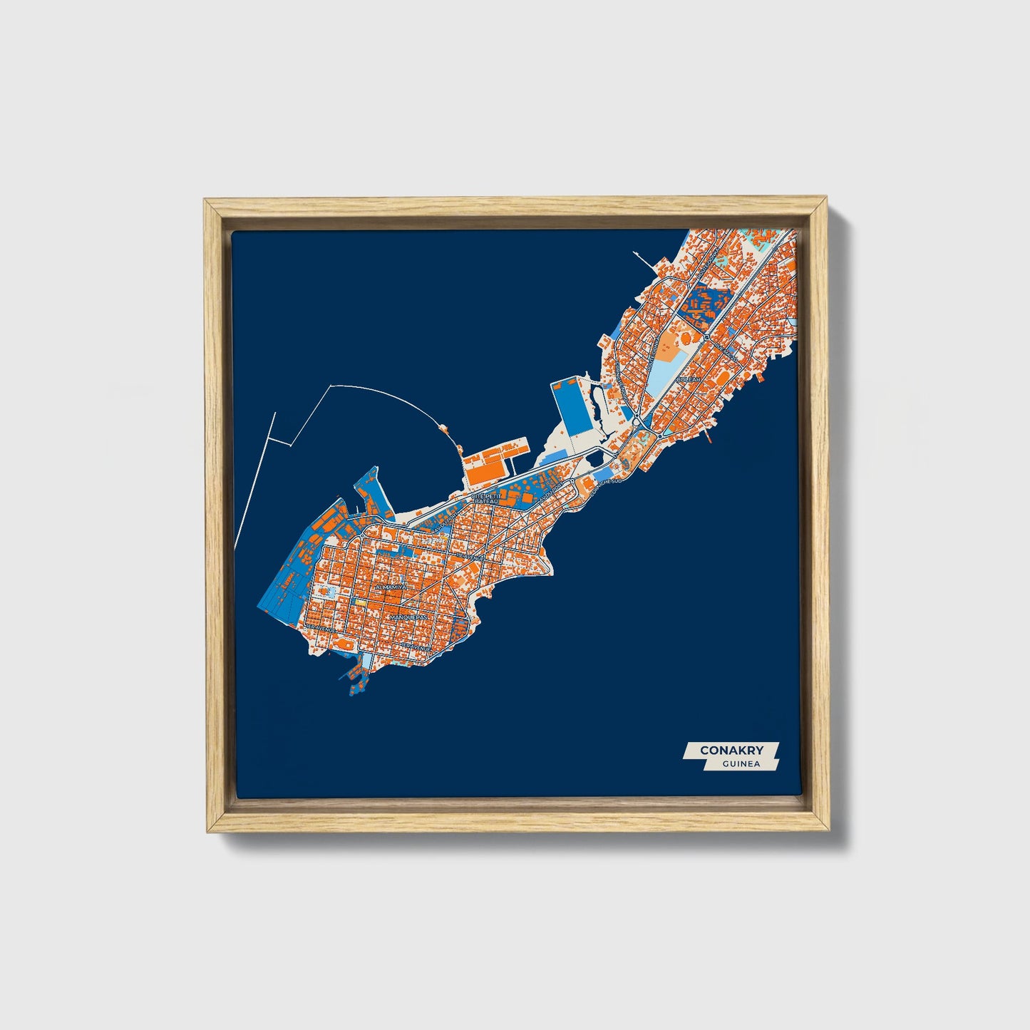 Conakry Guinea Colorful City Map Canvas Print • Natural Wooden Framed