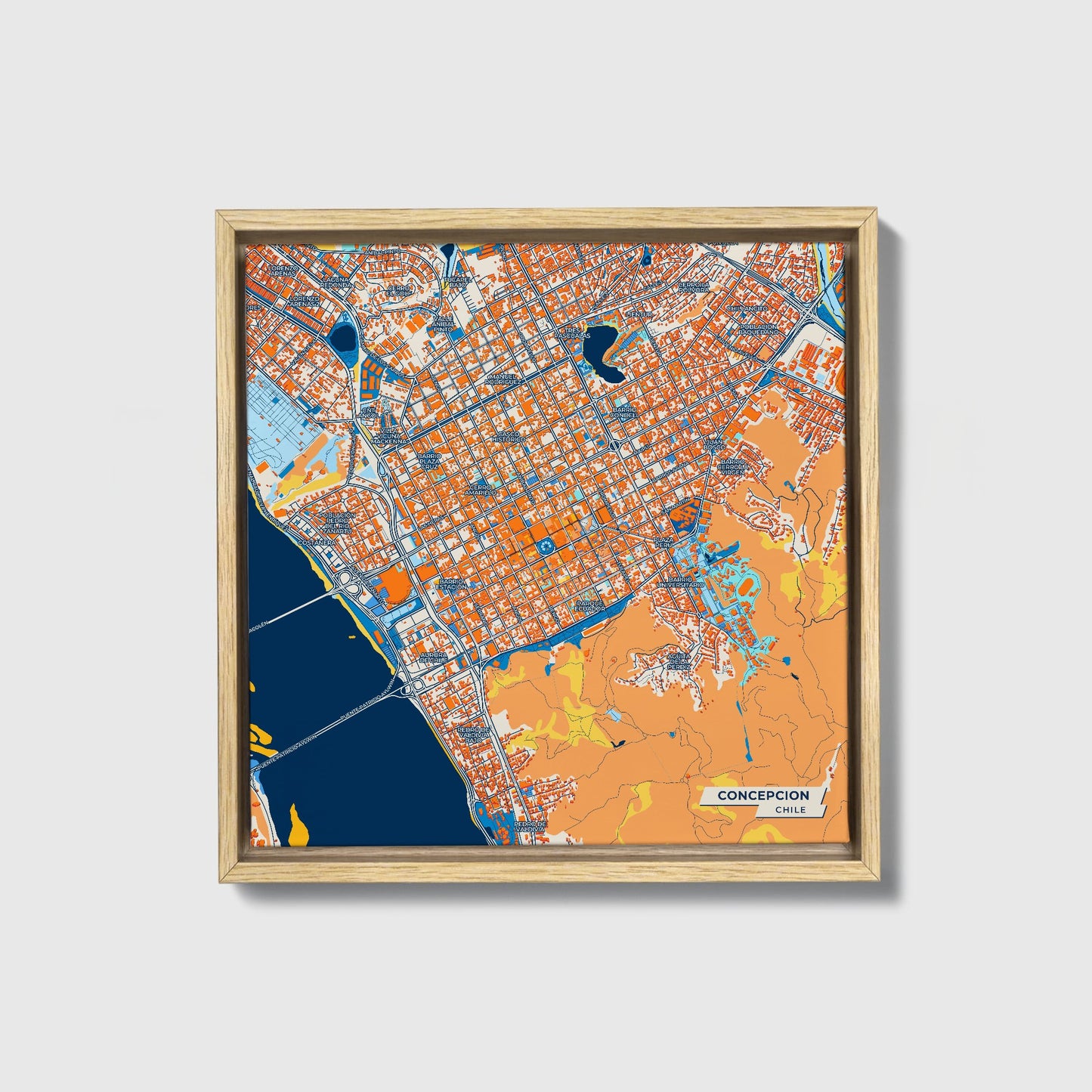 Concepcion Chile Colorful City Map Canvas Print • Natural Wooden Framed