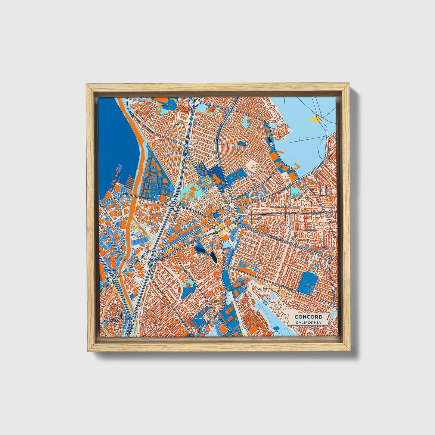 Concord California Colorful City Map Canvas Print • Natural Wooden Framed