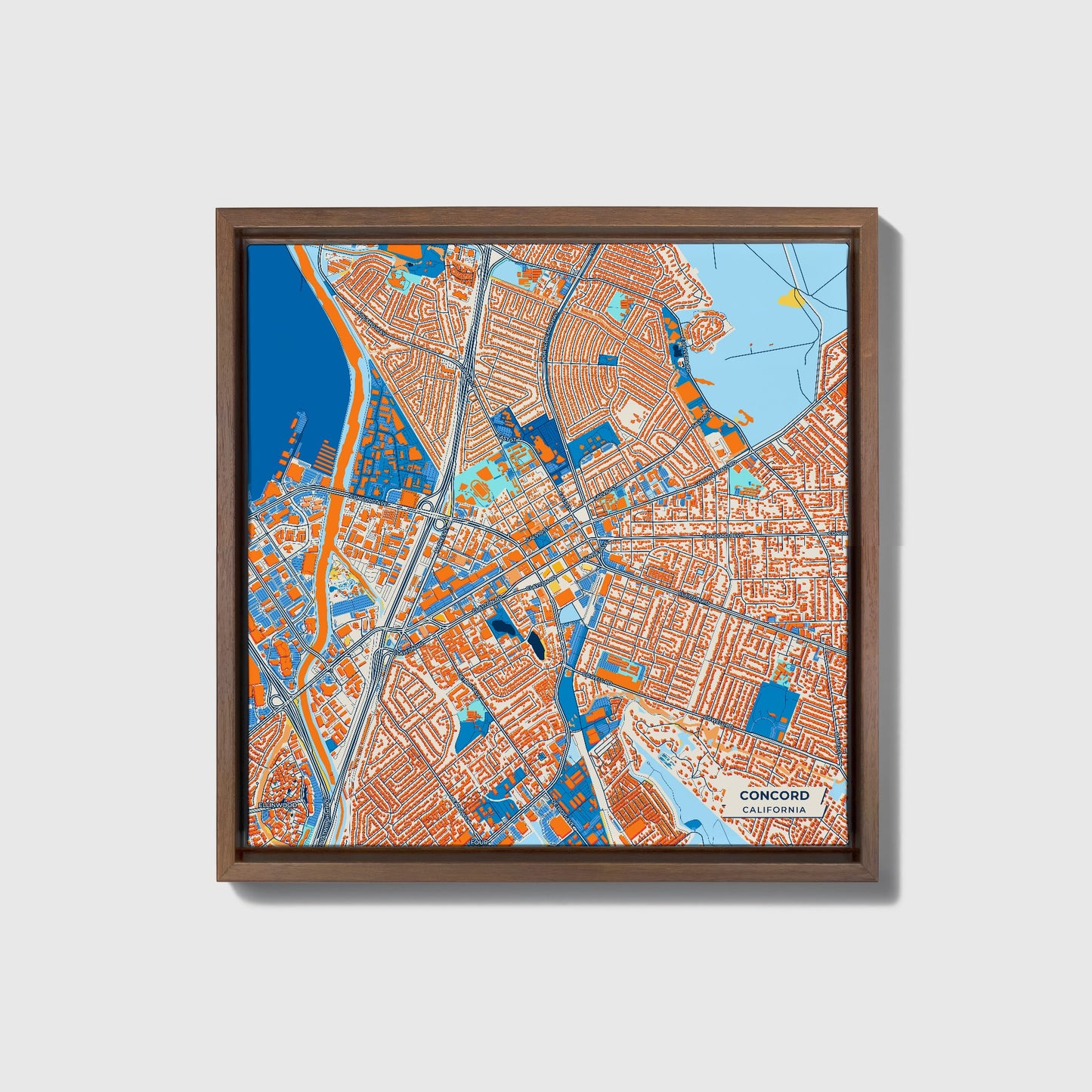 Concord California Colorful City Map Canvas Print • Dark Wooden Framed