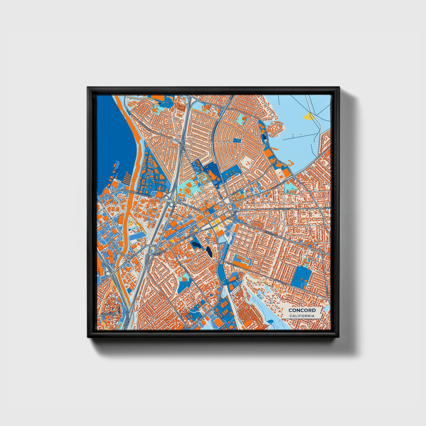 Concord California Colorful City Map Canvas Print • Black Framed