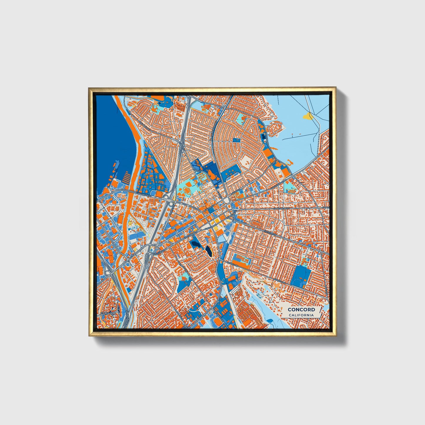 Concord California Colorful City Map Canvas Print • Gold Framed