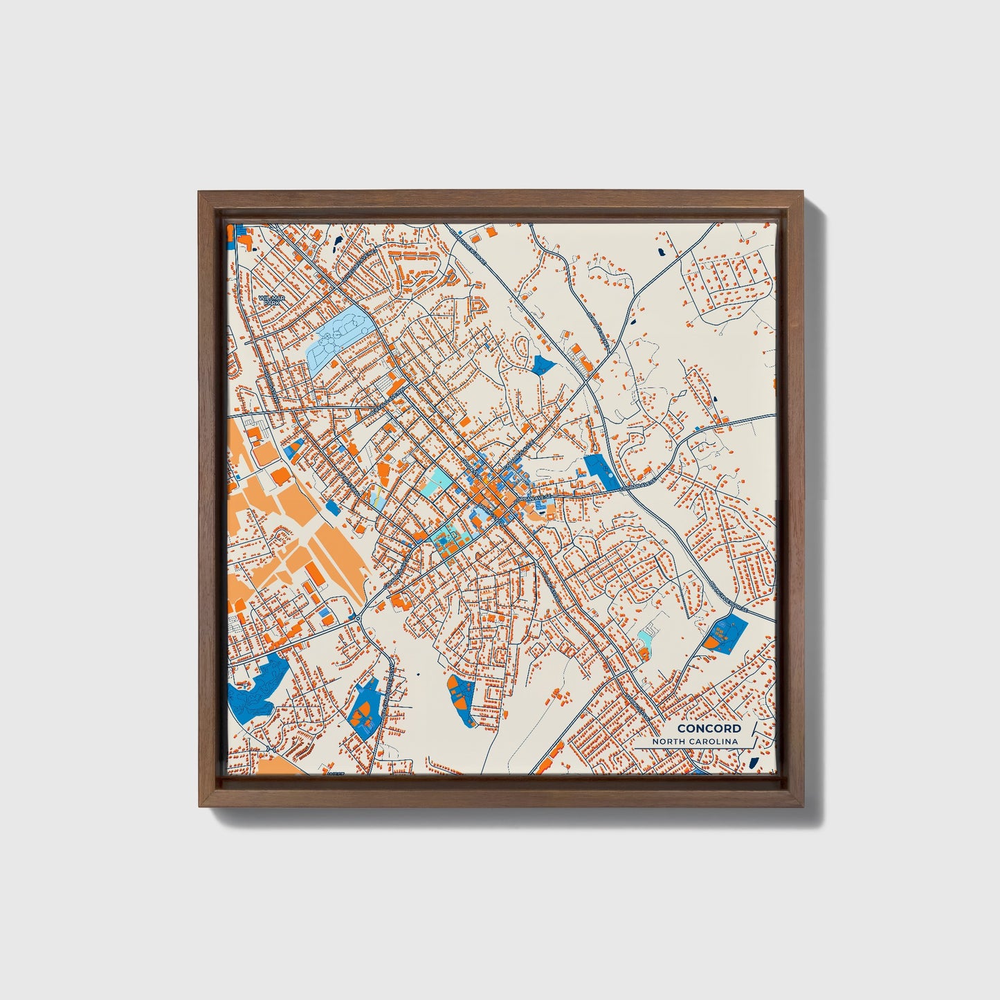 Concord North Carolina Colorful City Map Canvas Print • Dark Wooden Framed