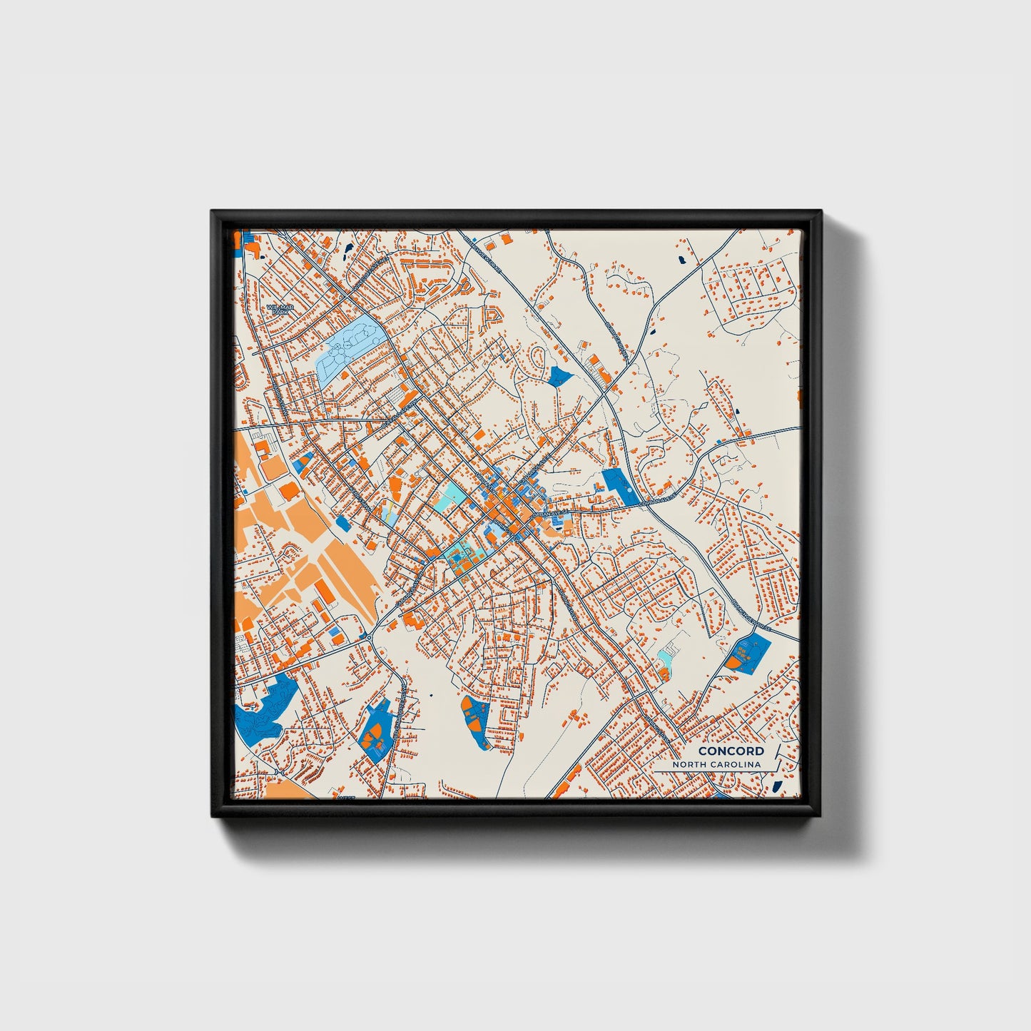 Concord North Carolina Colorful City Map Canvas Print • Black Framed