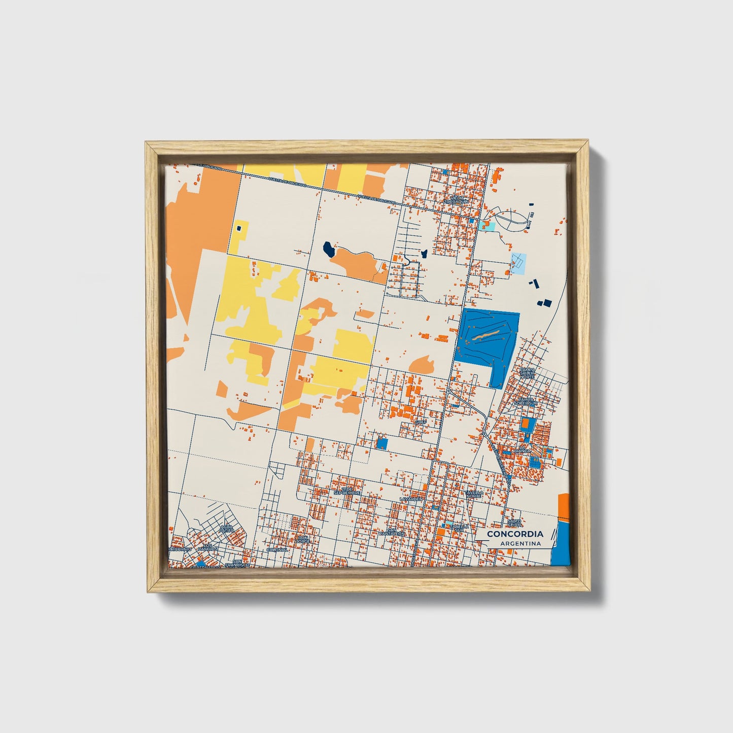 Concordia Argentina Colorful City Map Canvas Print • Natural Wooden Framed