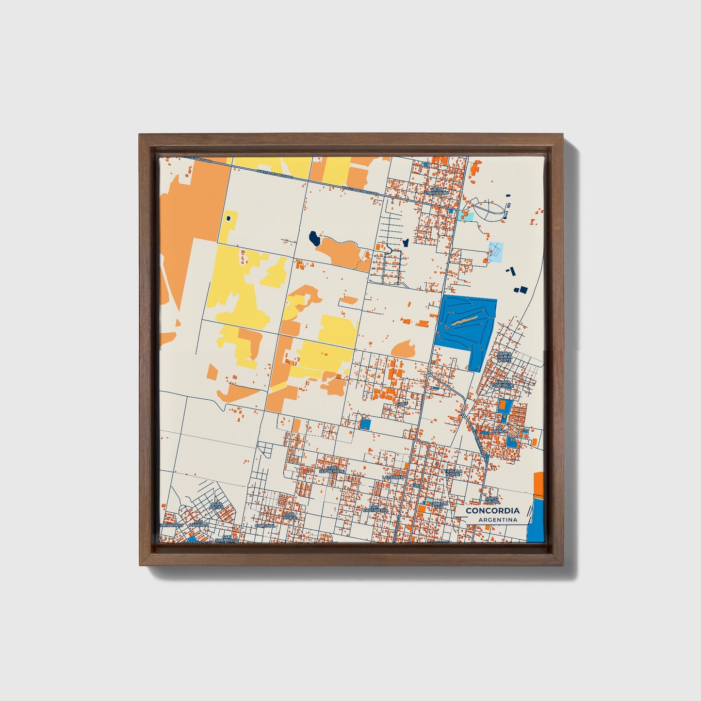 Concordia Argentina Colorful City Map Canvas Print • Dark Wooden Framed