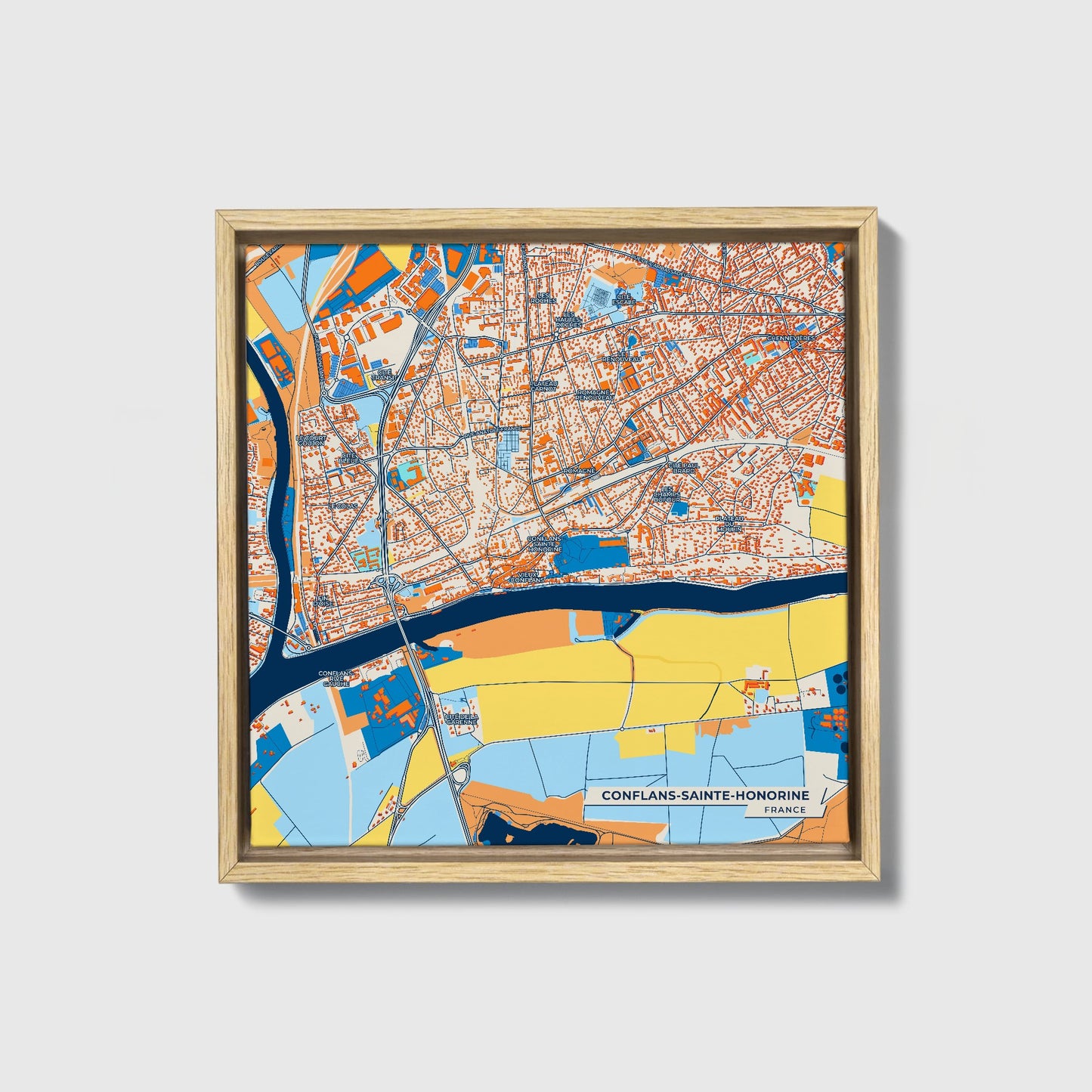 Conflans-Sainte-Honorine France Colorful City Map Canvas Print • Natural Wooden Framed