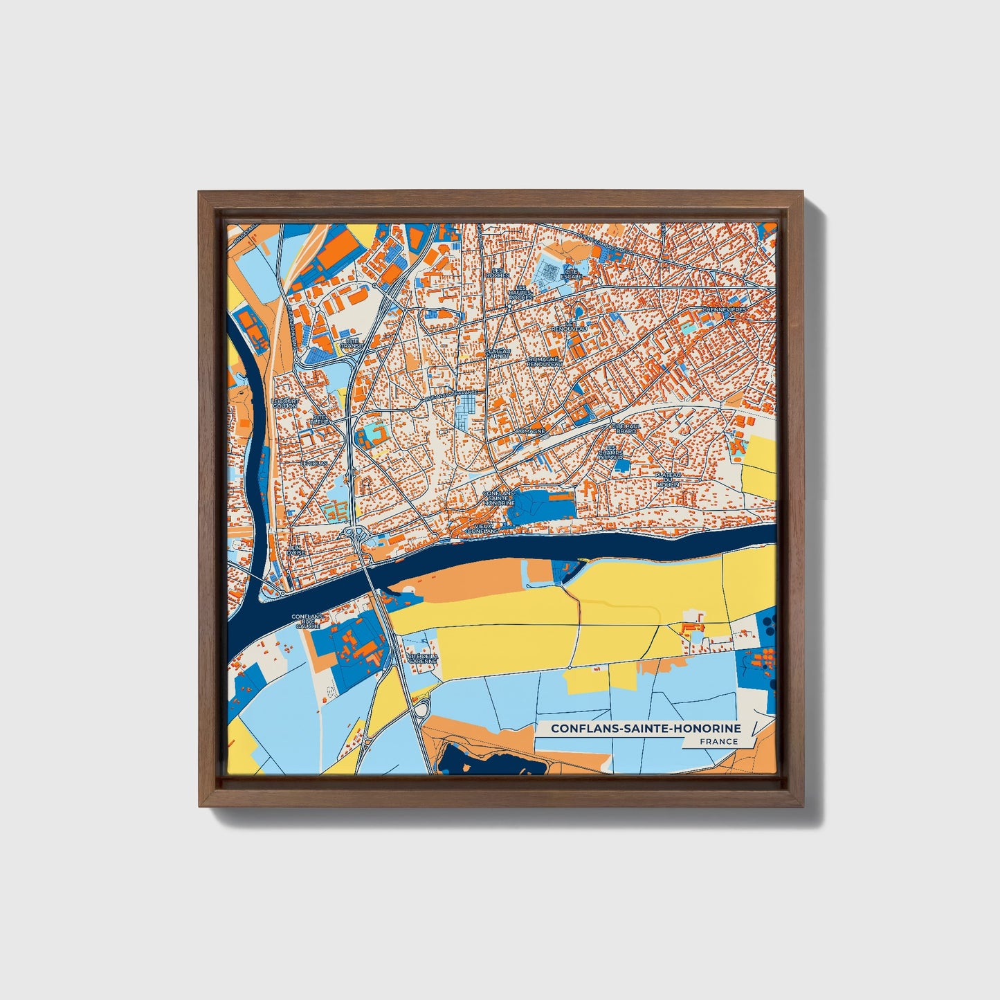 Conflans-Sainte-Honorine France Colorful City Map Canvas Print • Dark Wooden Framed