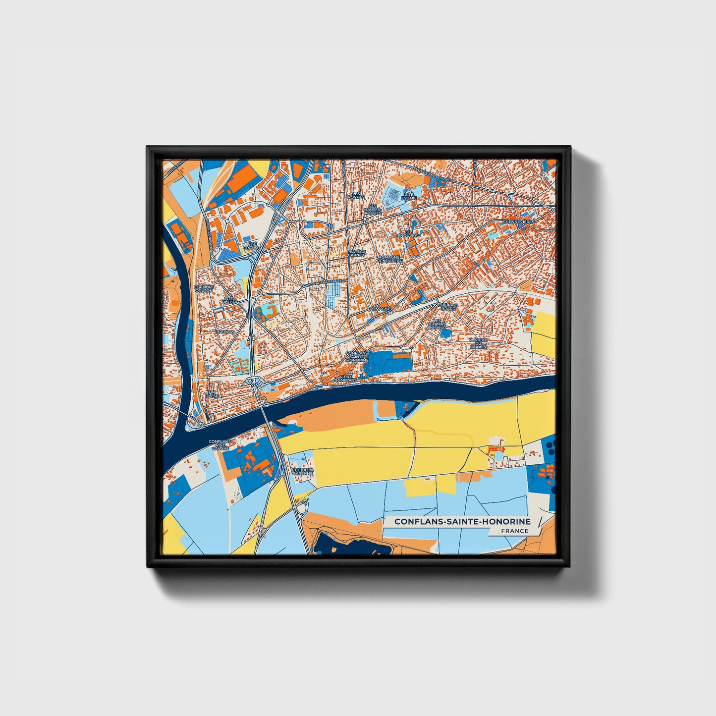 Conflans-Sainte-Honorine France Colorful City Map Canvas Print • Black Framed