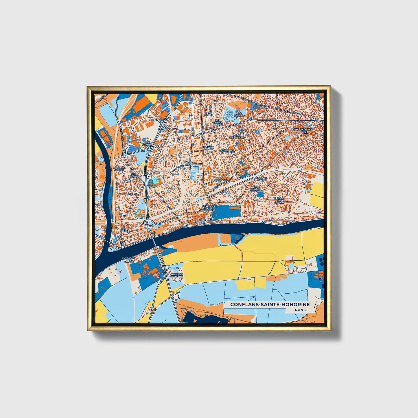 Conflans-Sainte-Honorine France Colorful City Map Canvas Print • Gold Framed