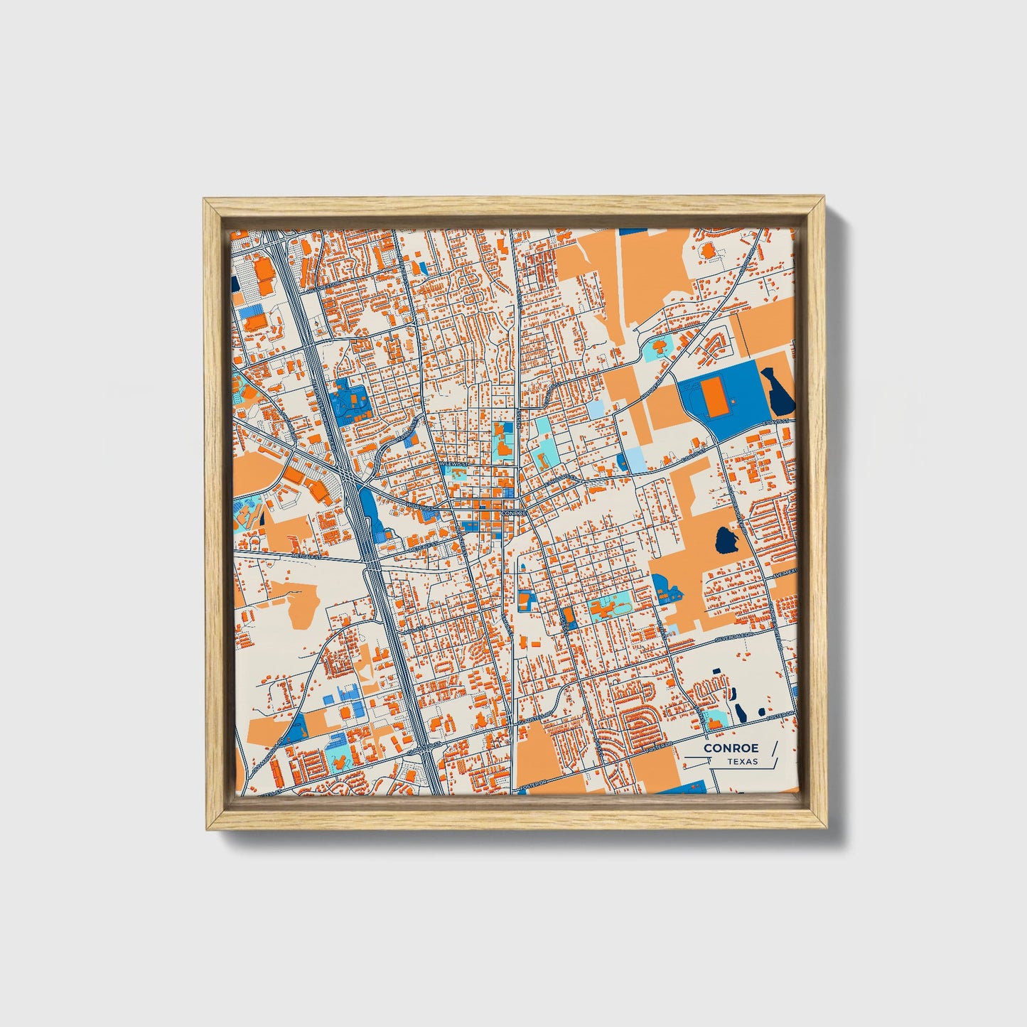 Conroe Texas Colorful City Map Canvas Print • Natural Wooden Framed