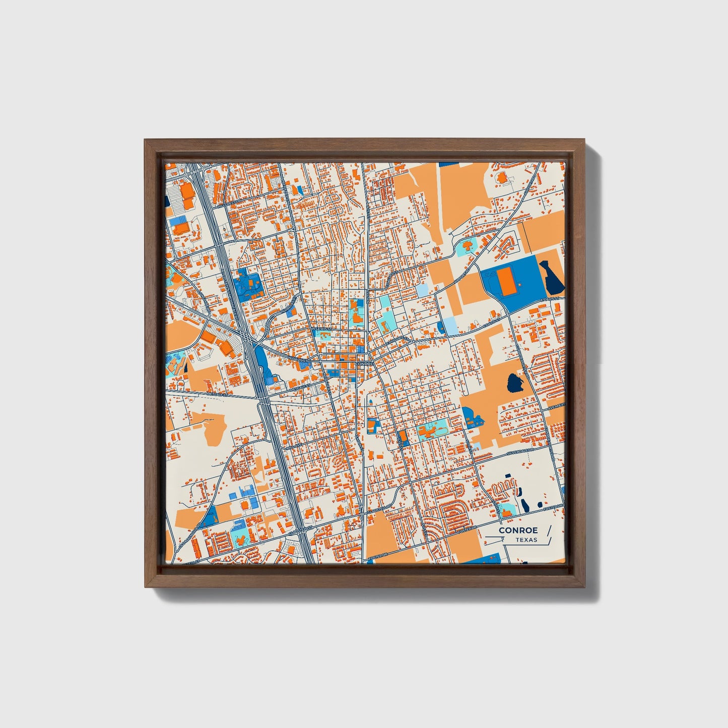 Conroe Texas Colorful City Map Canvas Print • Dark Wooden Framed