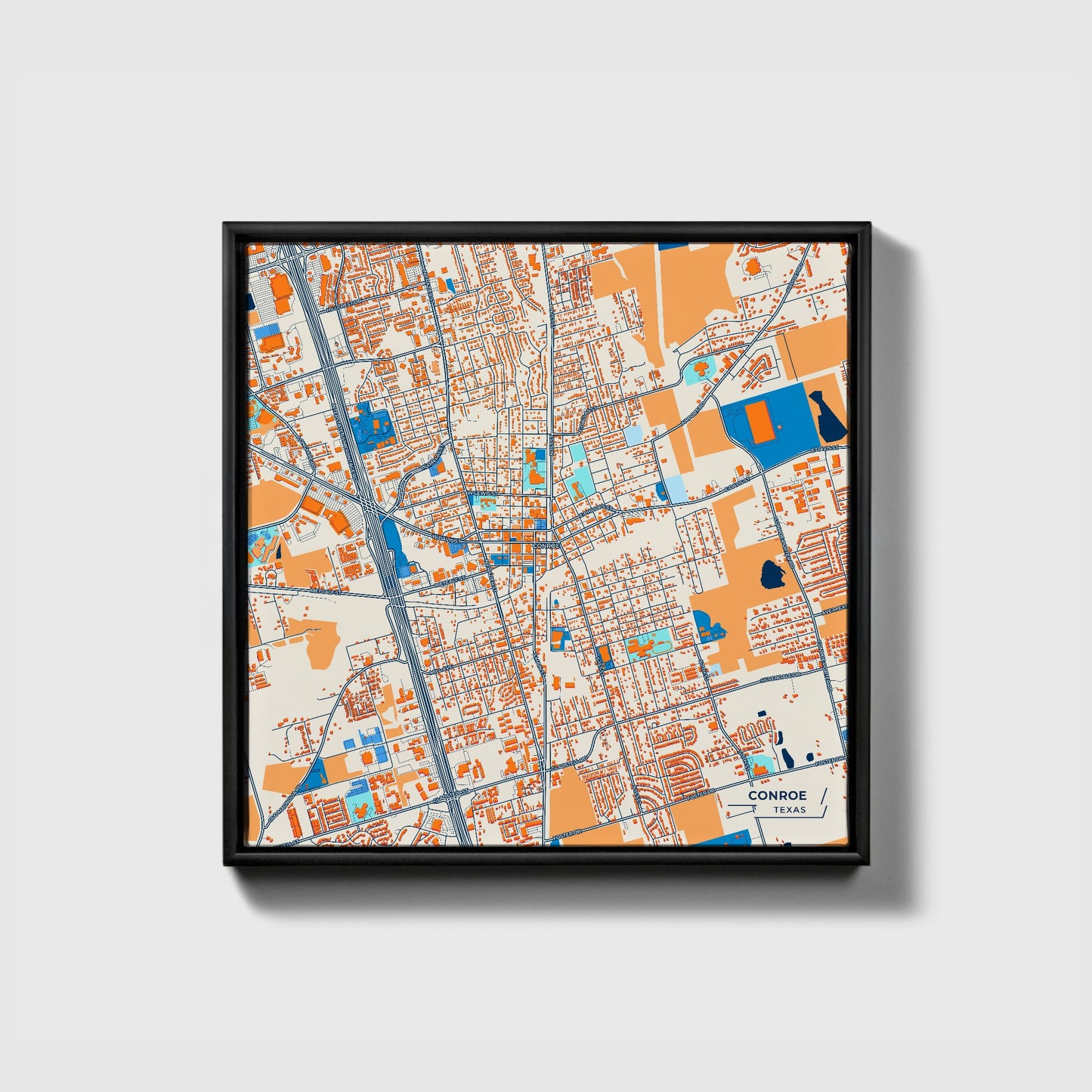 Conroe Texas Colorful City Map Canvas Print • Black Framed