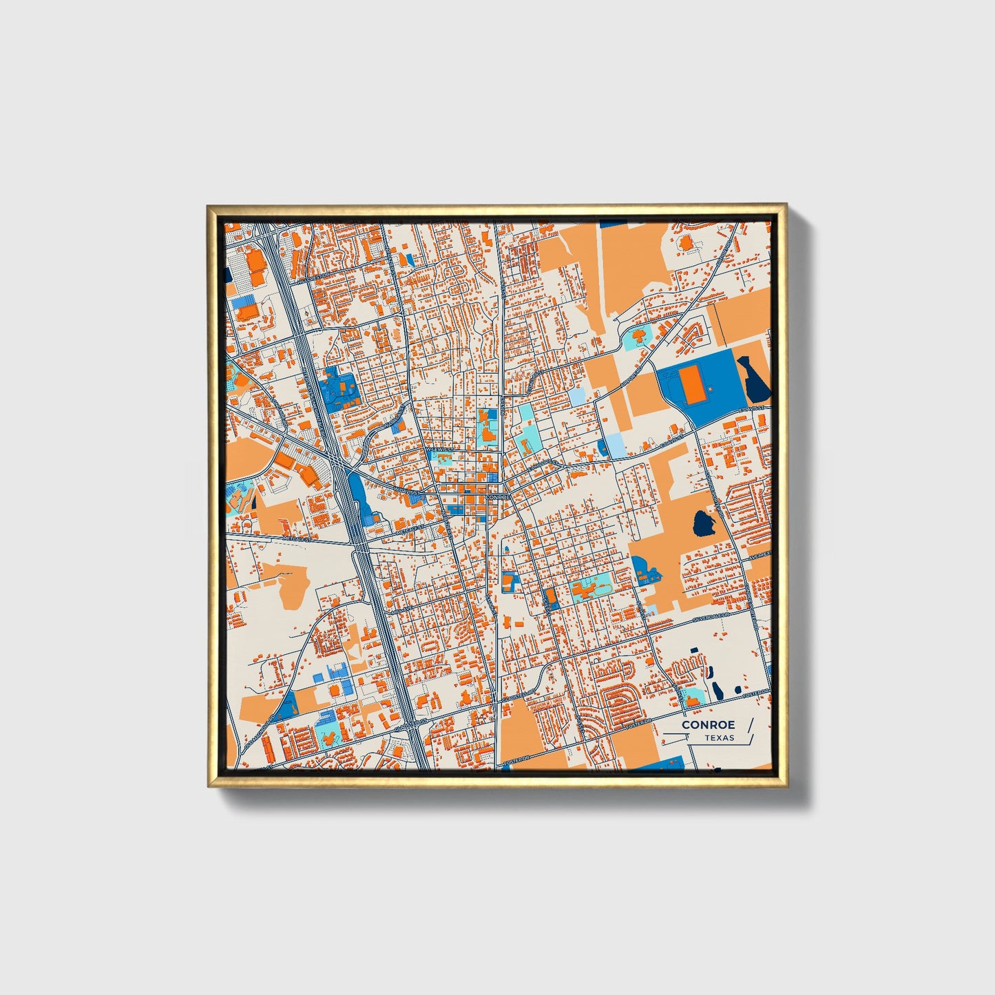 Conroe Texas Colorful City Map Canvas Print • Gold Framed