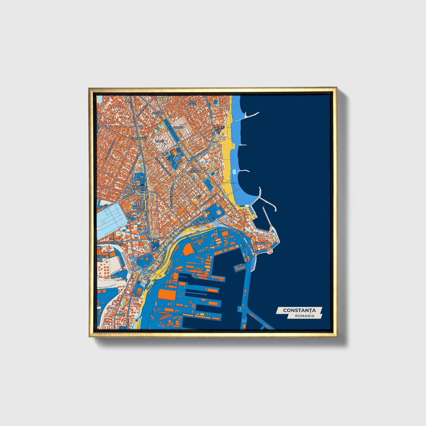 Constanța Romania Colorful City Map Canvas Print • Gold Framed