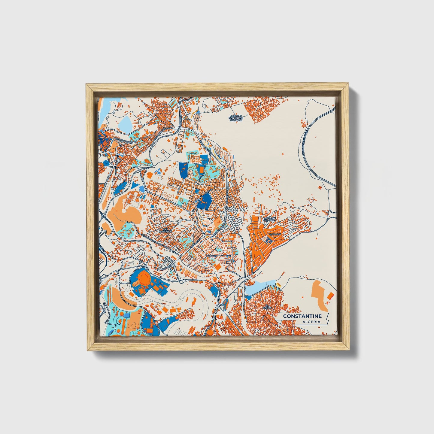 Constantine Algeria Colorful City Map Canvas Print • Natural Wooden Framed