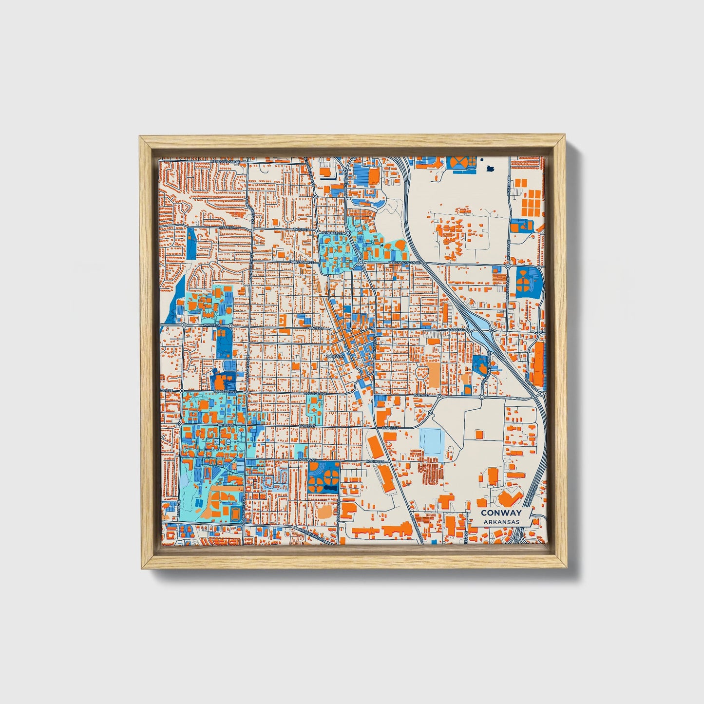 Conway Arkansas Colorful City Map Canvas Print • Natural Wooden Framed