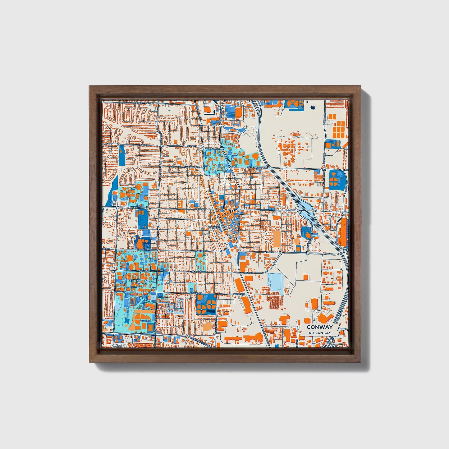 Conway Arkansas Colorful City Map Canvas Print • Dark Wooden Framed