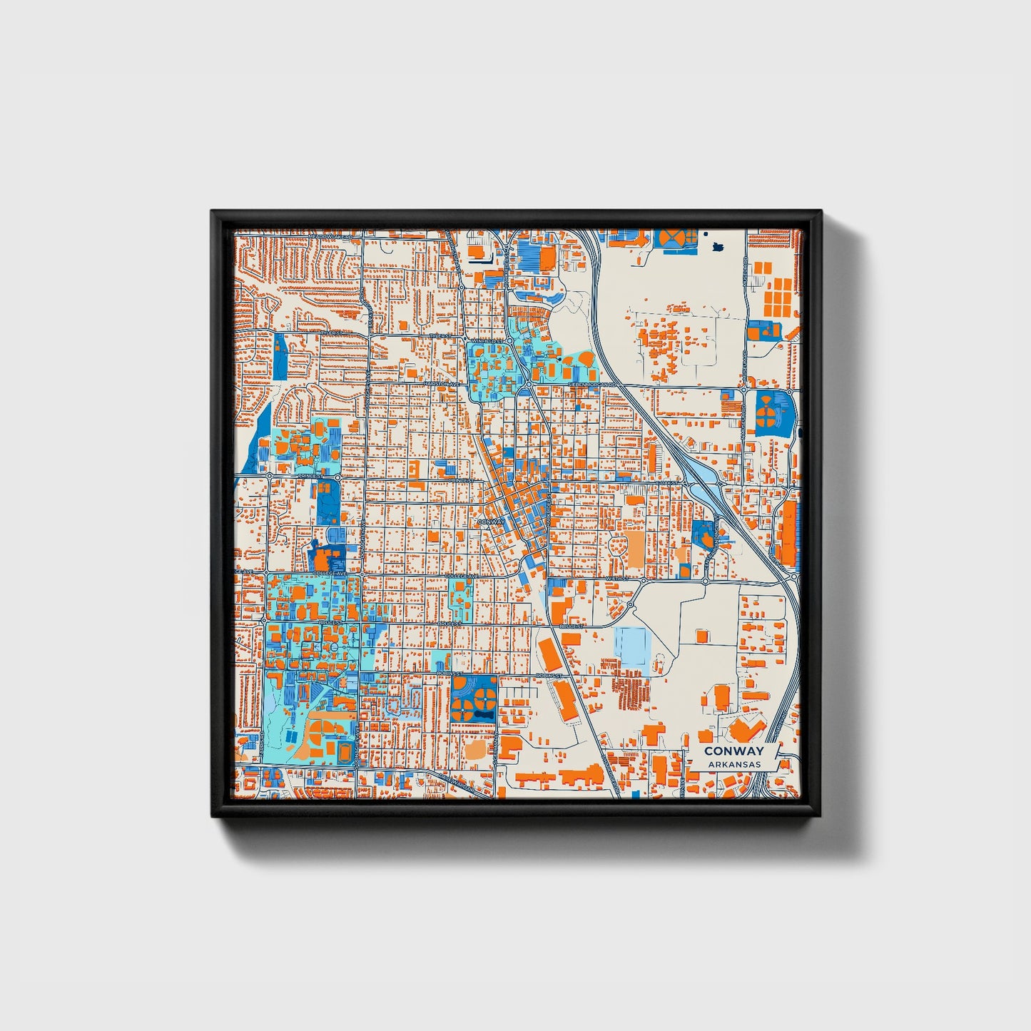 Conway Arkansas Colorful City Map Canvas Print • Black Framed