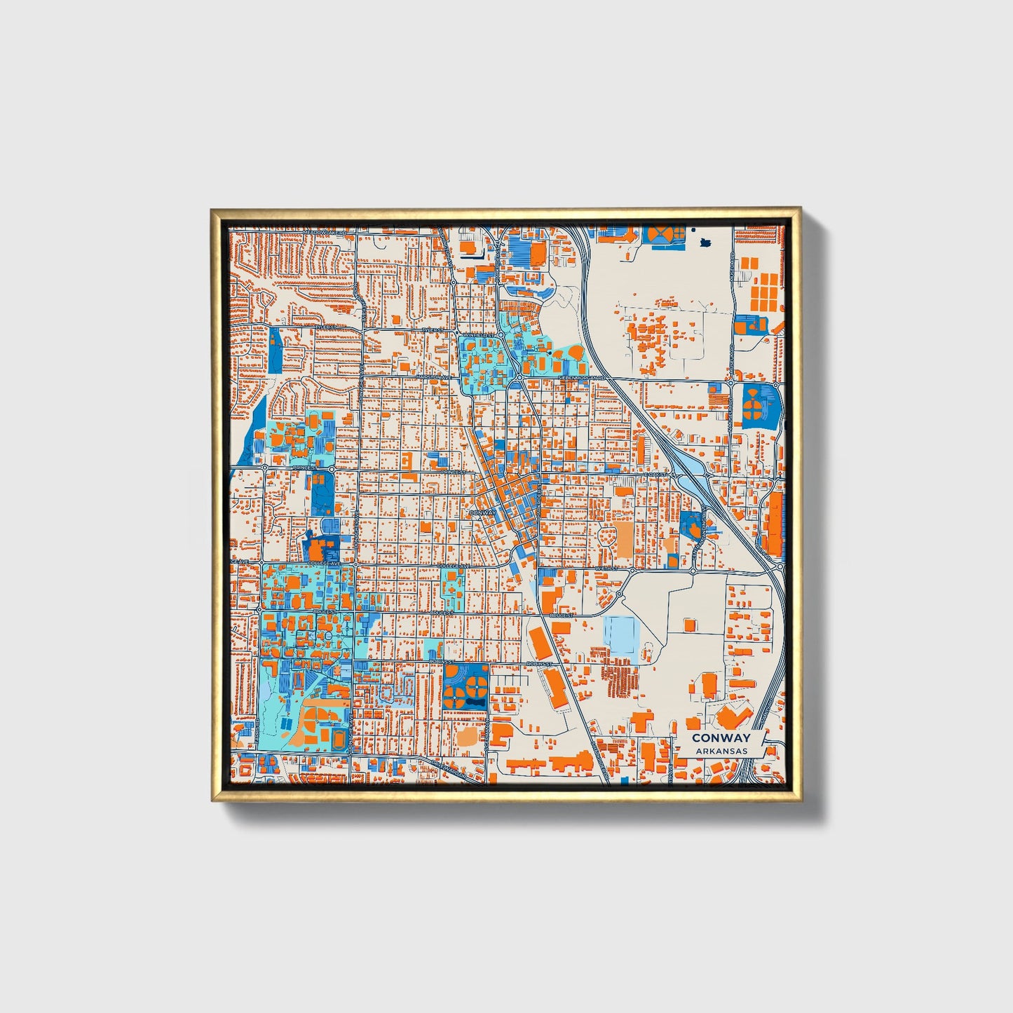 Conway Arkansas Colorful City Map Canvas Print • Gold Framed