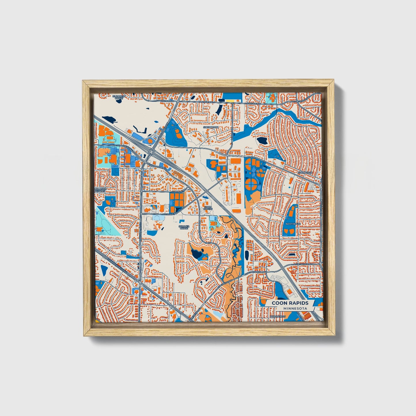 Coon Rapids Minnesota Colorful City Map Canvas Print • Natural Wooden Framed