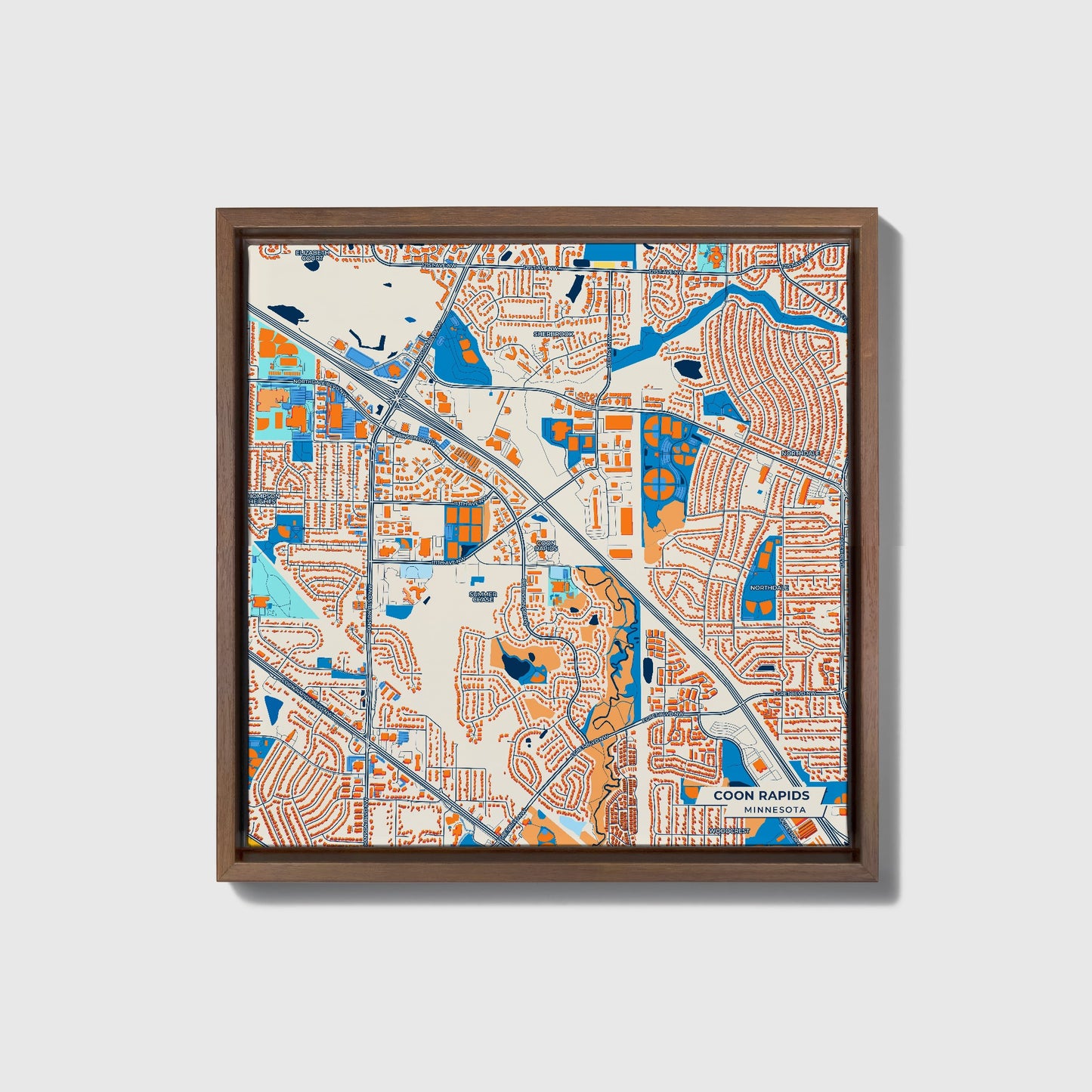 Coon Rapids Minnesota Colorful City Map Canvas Print • Dark Wooden Framed