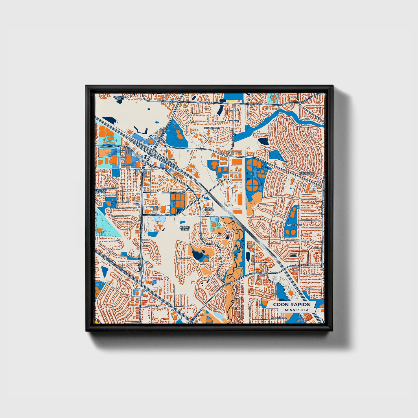 Coon Rapids Minnesota Colorful City Map Canvas Print • Black Framed