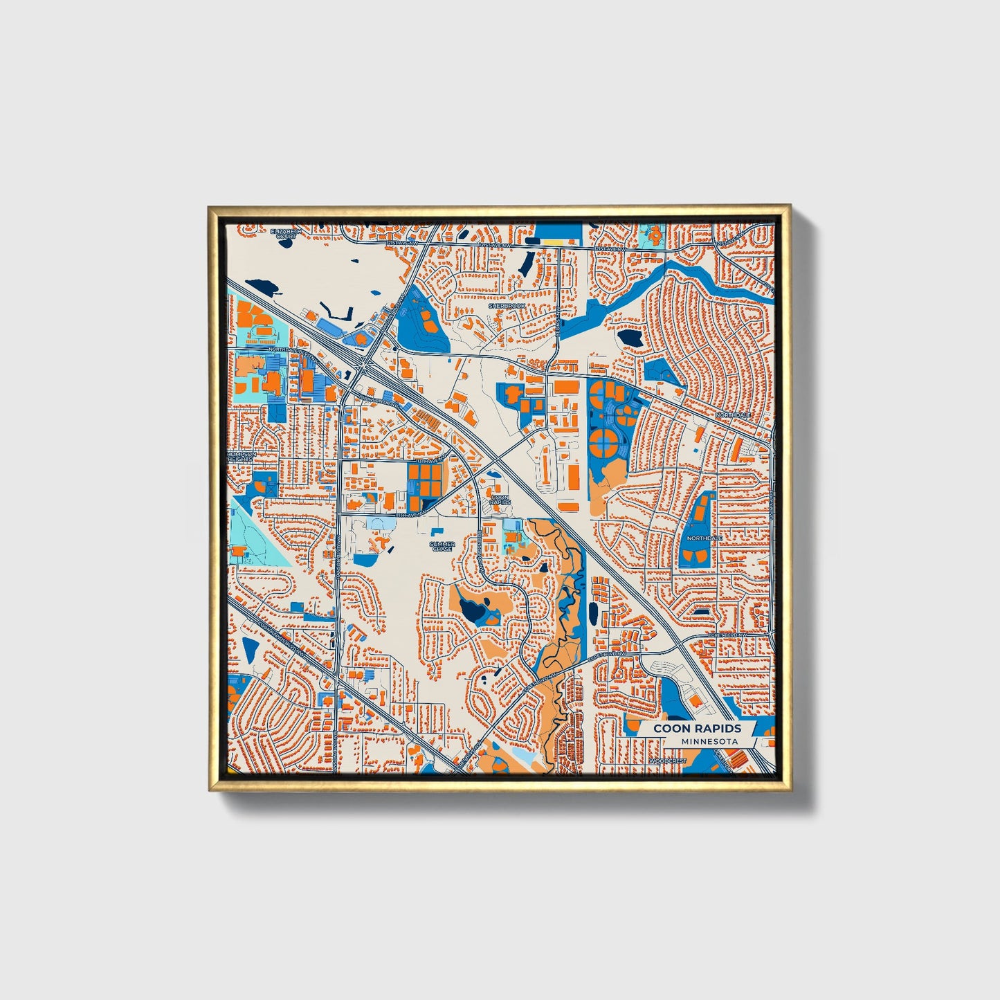 Coon Rapids Minnesota Colorful City Map Canvas Print • Gold Framed