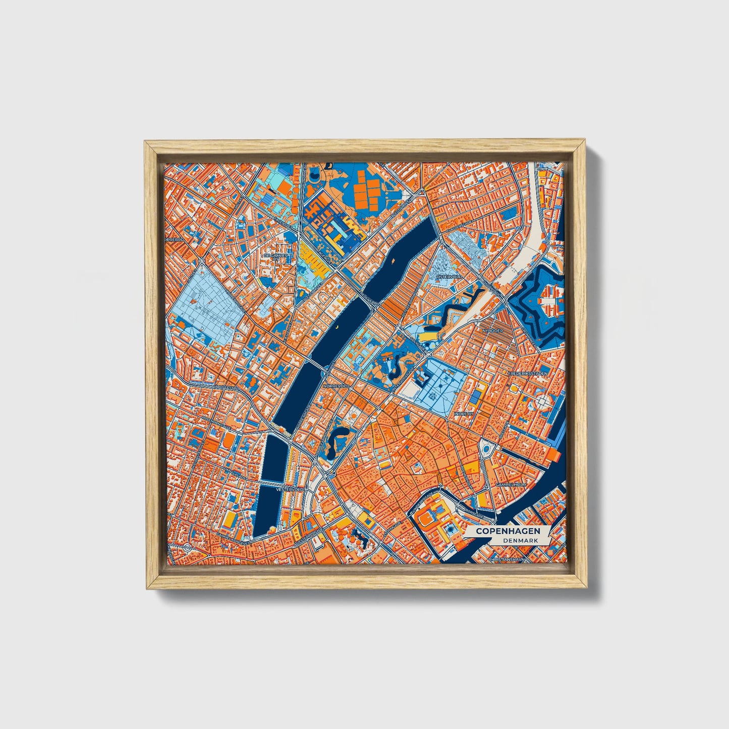København Denmark Colorful City Map Canvas Print • Natural Wooden Framed