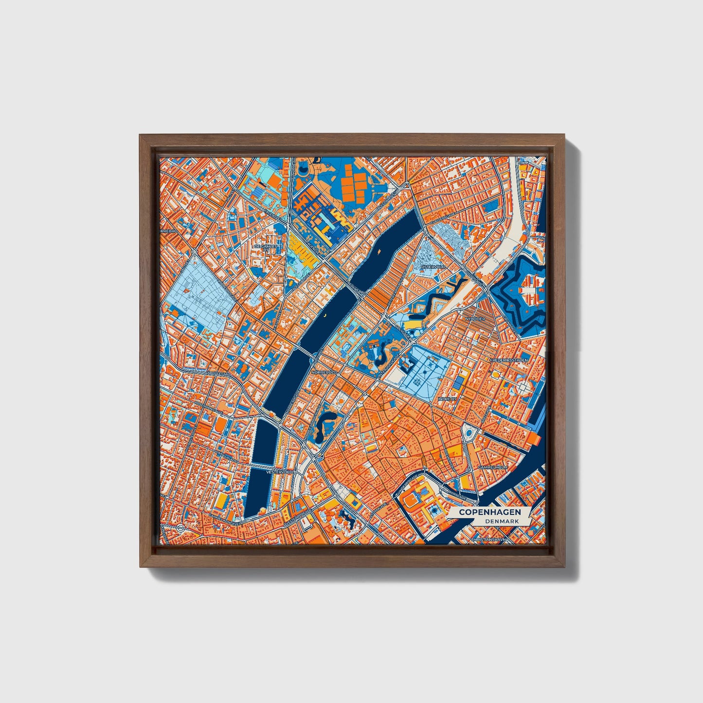 København Denmark Colorful City Map Canvas Print • Dark Wooden Framed