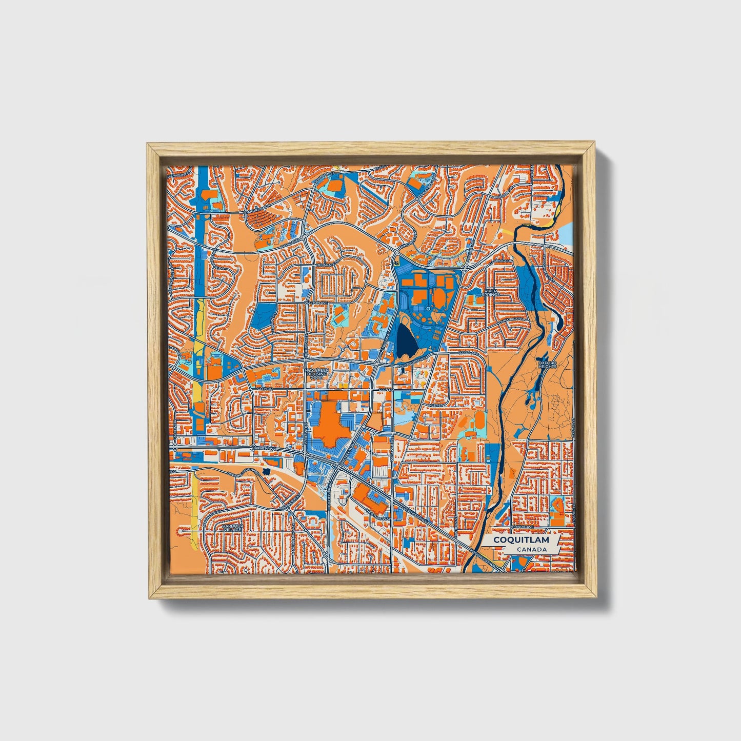 Coquitlam Canada Colorful City Map Canvas Print • Natural Wooden Framed